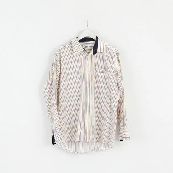 Lacoste Men 44 L Casual Shirt White Yellow Striped Cotton Long Sleeve Top