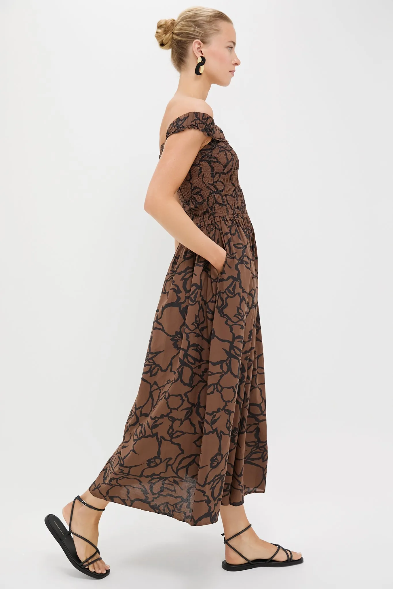 Large Lace Floral Chocolate Britt Off-Shoulder Maxi
