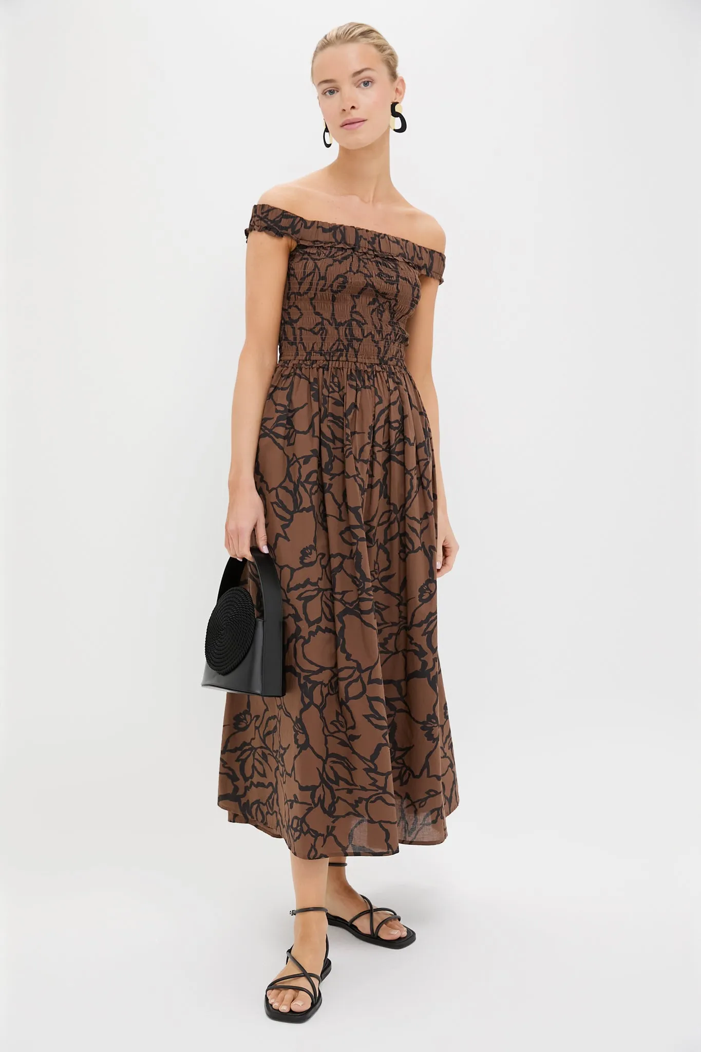 Large Lace Floral Chocolate Britt Off-Shoulder Maxi