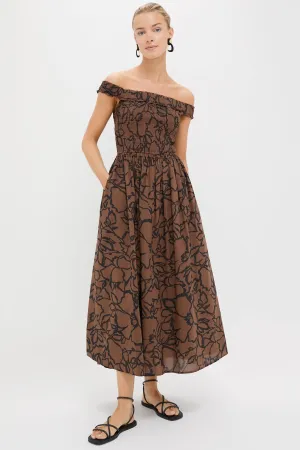 Large Lace Floral Chocolate Britt Off-Shoulder Maxi