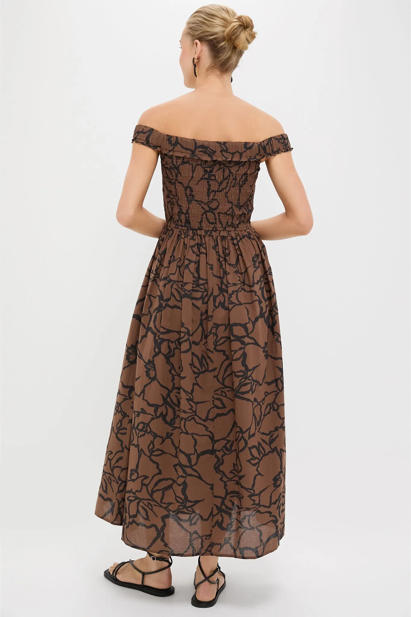 Large Lace Floral Chocolate Britt Off-Shoulder Maxi