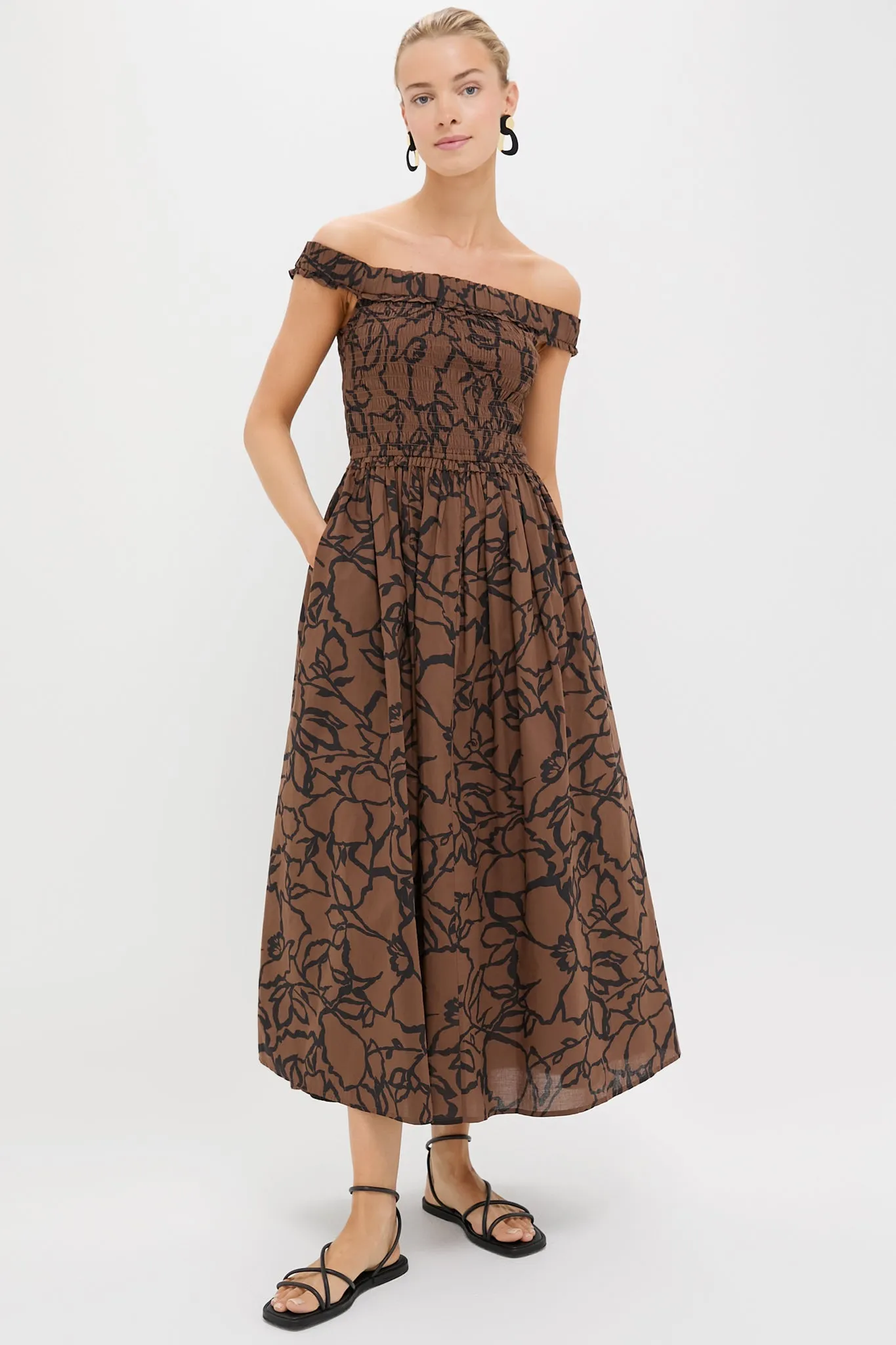 Large Lace Floral Chocolate Britt Off-Shoulder Maxi