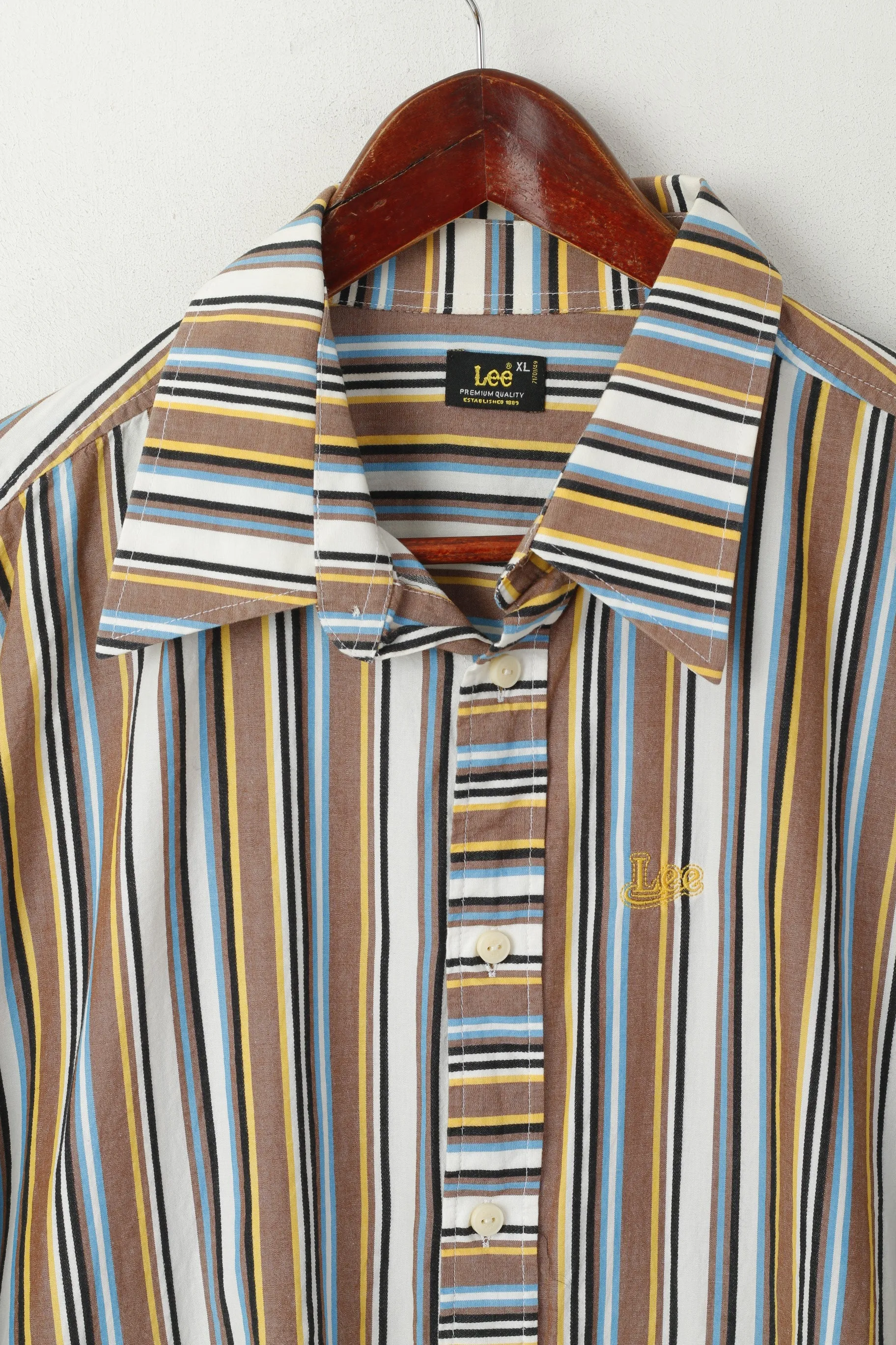 Lee Men XL Casual Shirt Brown Striped Cotton Western Standard Collar Long Sleeve Top