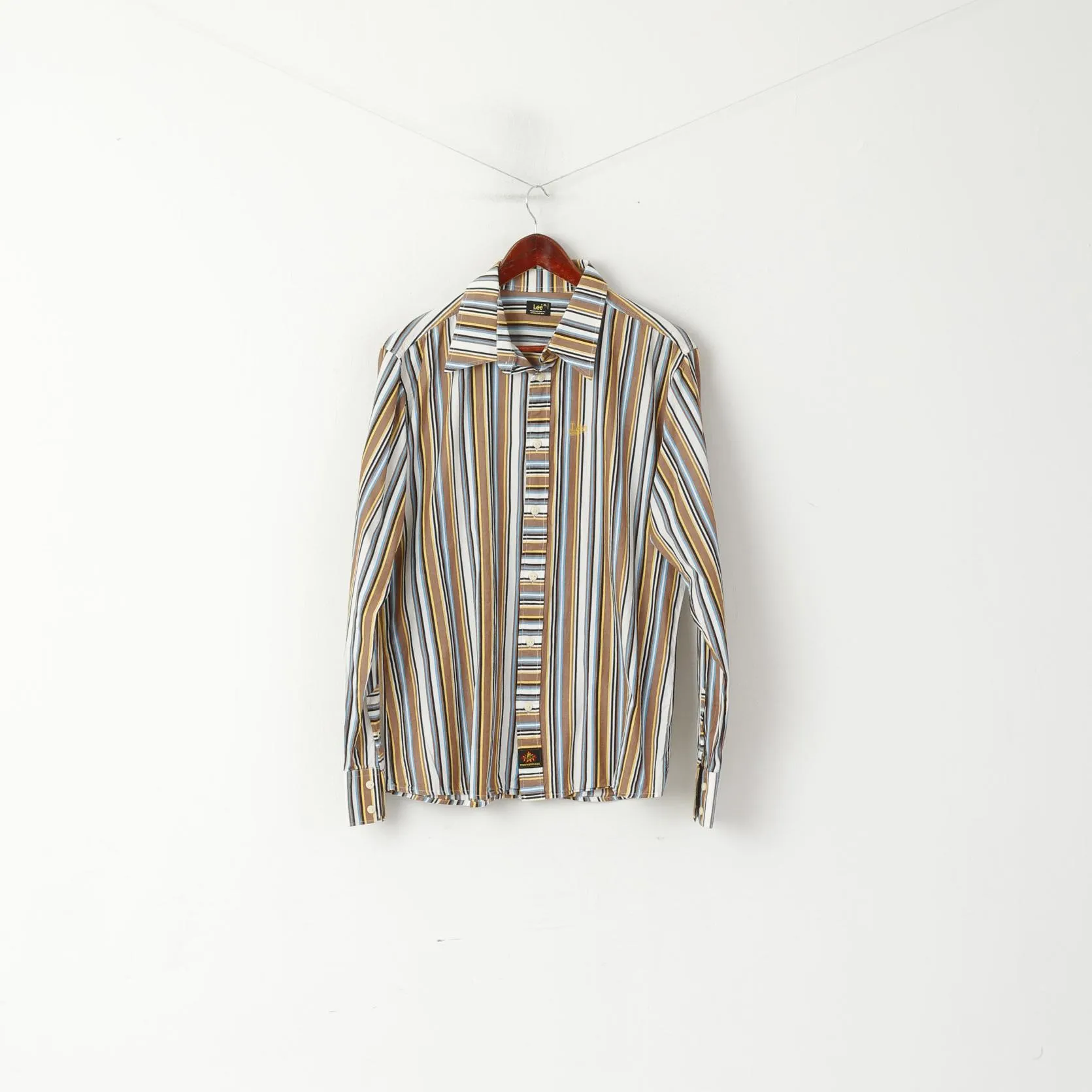 Lee Men XL Casual Shirt Brown Striped Cotton Western Standard Collar Long Sleeve Top