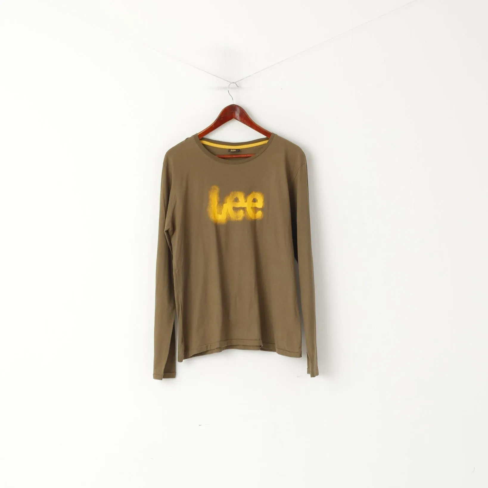 Lee Men XL Long Sleeved Shirt Khaki Cotton Logo Crew Neck Stretch Top