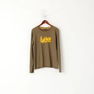 Lee Men XL Long Sleeved Shirt Khaki Cotton Logo Crew Neck Stretch Top