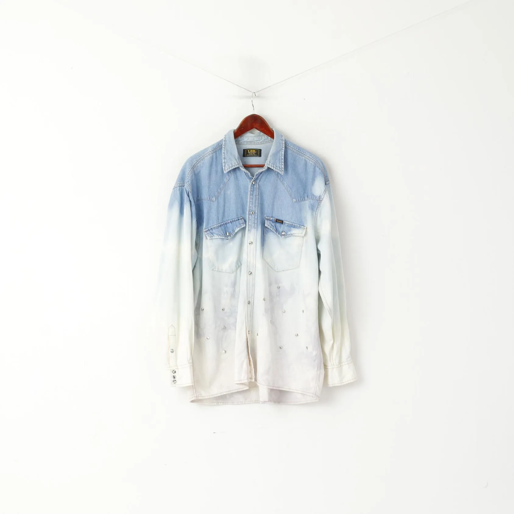 Lee Sanforized Men XL Casual Shirt Blue Jeans Ombre Jets Acid Wash Western Top