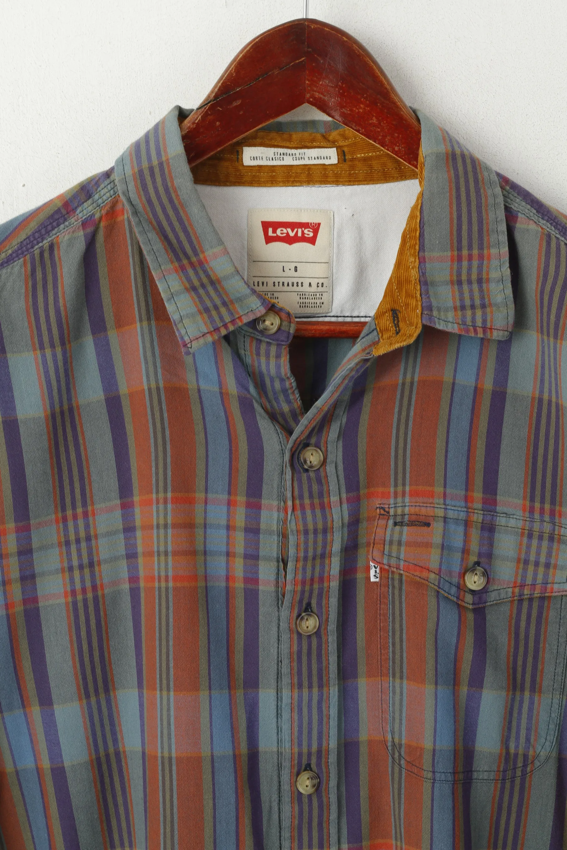 Levi's Men L Casual Shirt Brown Blue Check Cotton Standard Fit Long Sleeve Top