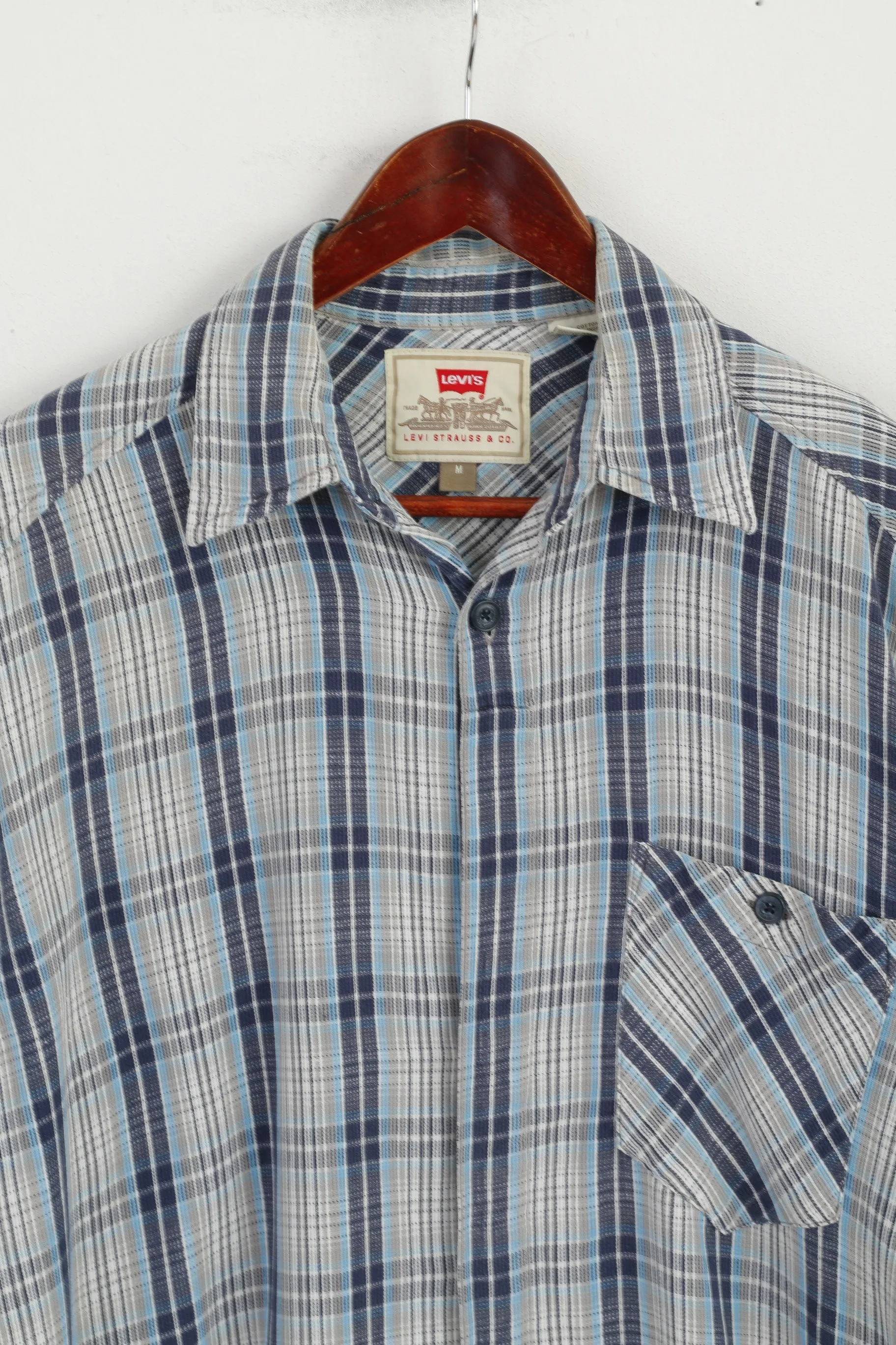Levi's Men M (L) Casual Shirt Blue Check 100% Cotton Pocket Long Sleeve Top