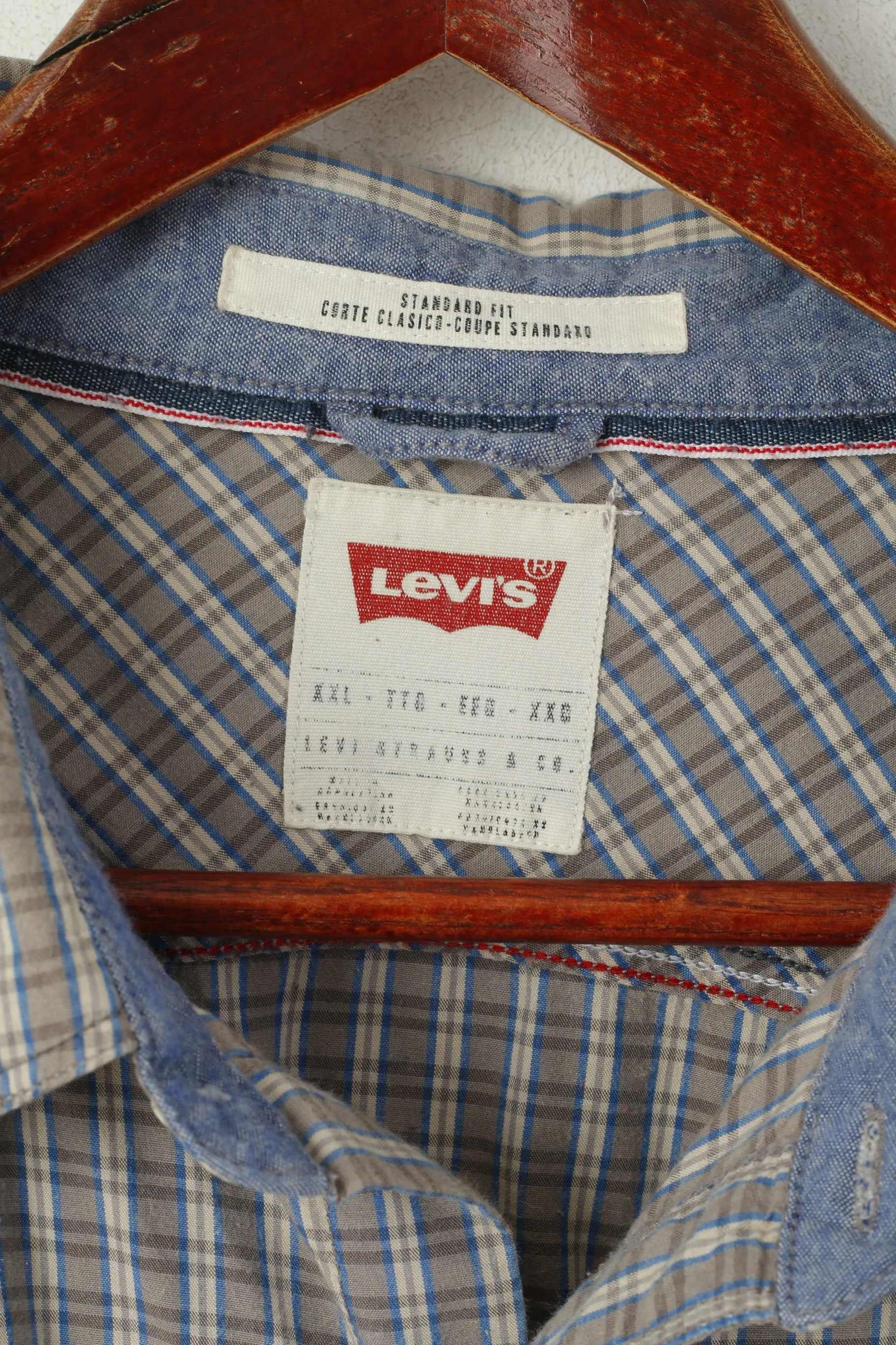 Levi's Men XXL Casual Shirt Gray Blue Checkered Cotton Standard Fit Vintage Top