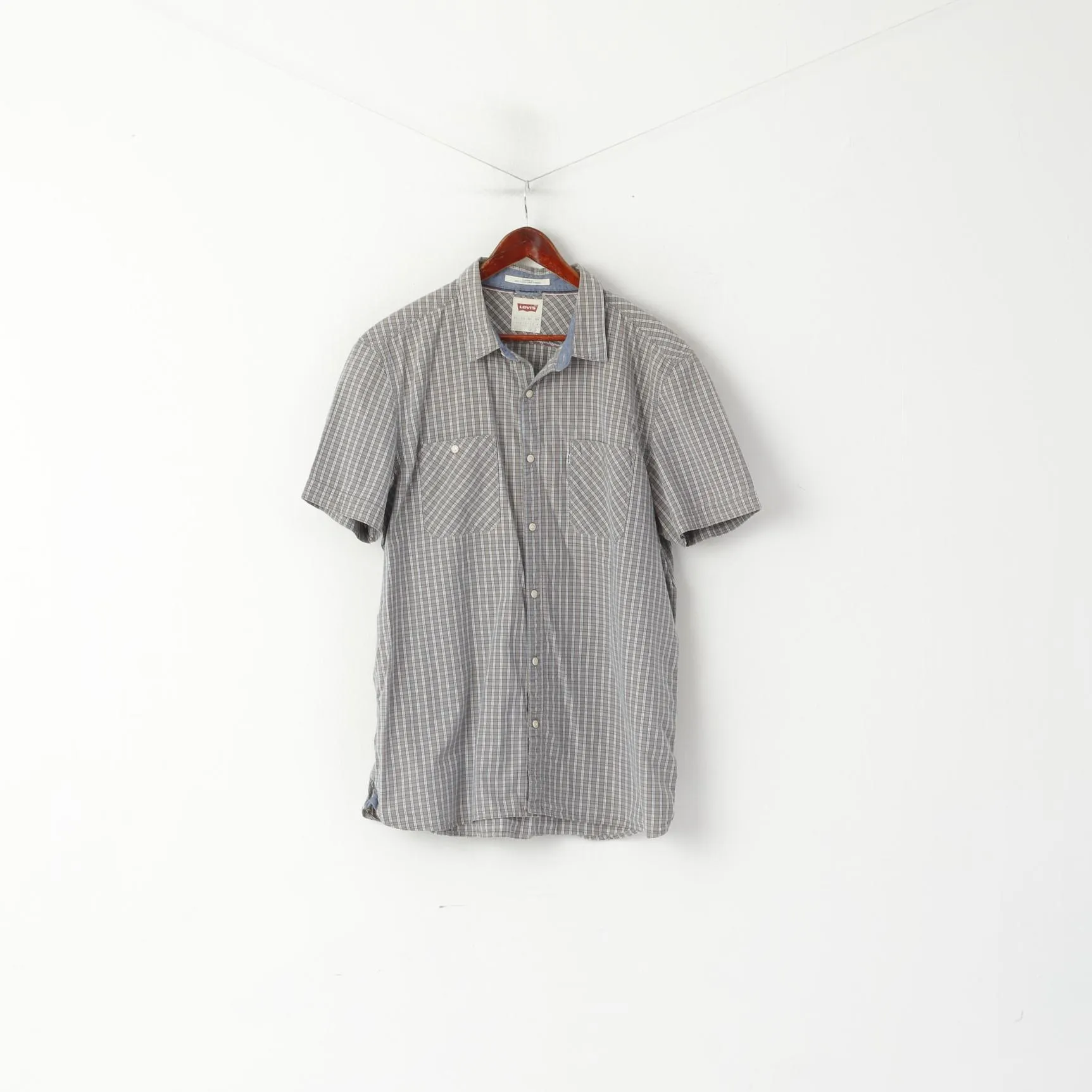 Levi's Men XXL Casual Shirt Gray Blue Checkered Cotton Standard Fit Vintage Top