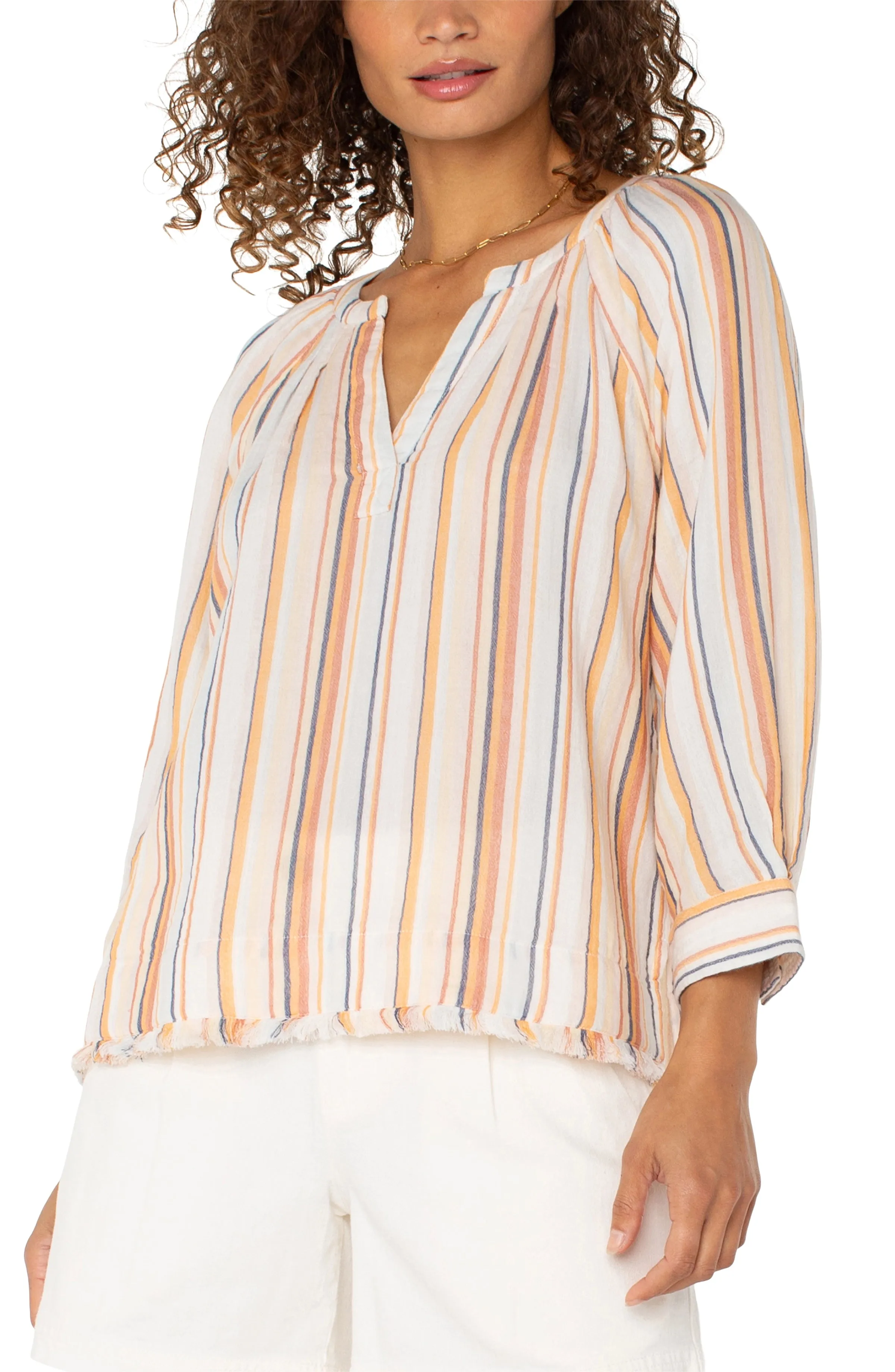 Liverpool Los Angeles 3/4 SLEEVE RAGLAN TOP W/ FRAY HEM