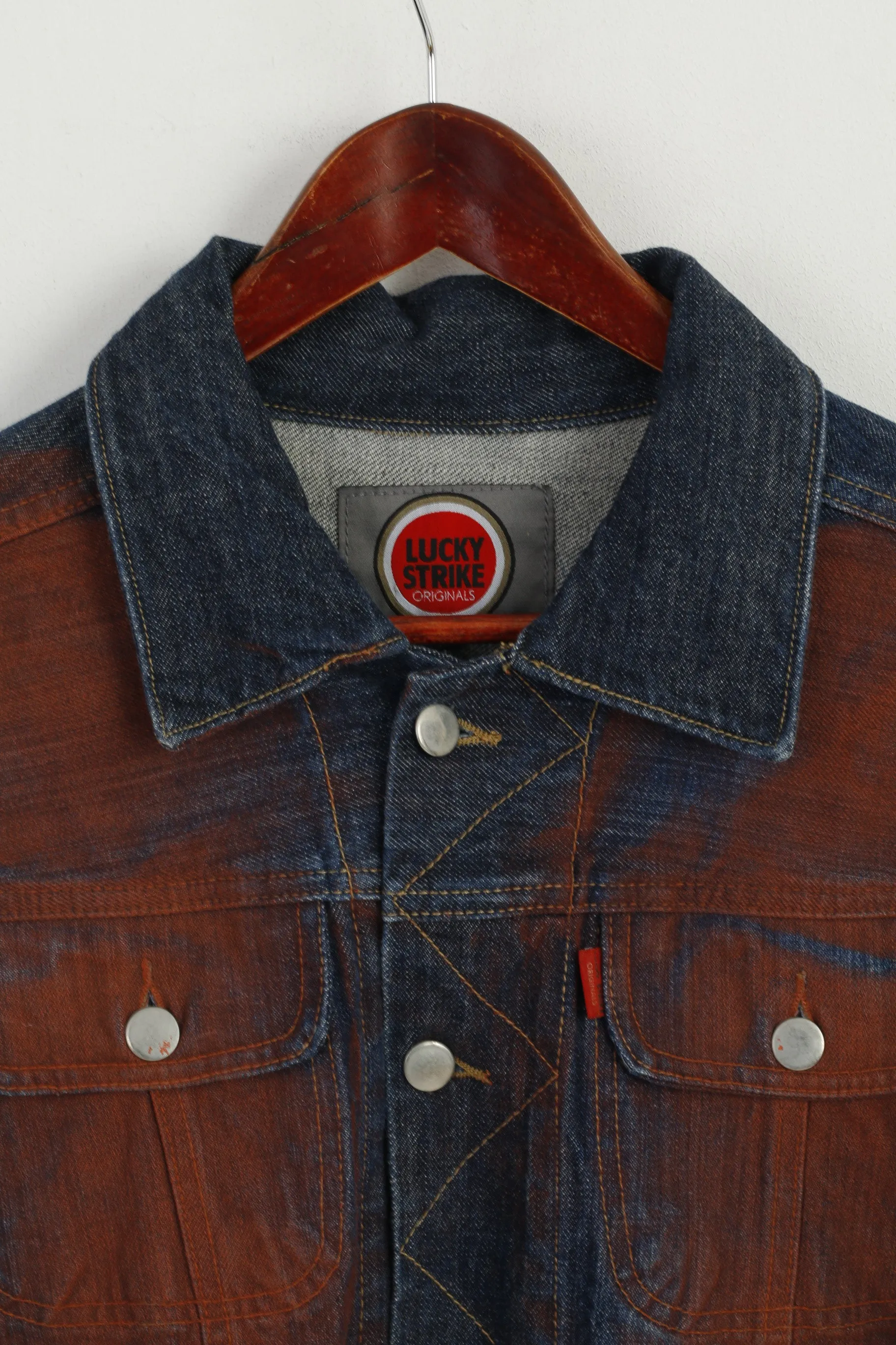 Lucky Strike Women XL Denim Jacket Navy Cotton Vintage Brick Faded Jeans Top