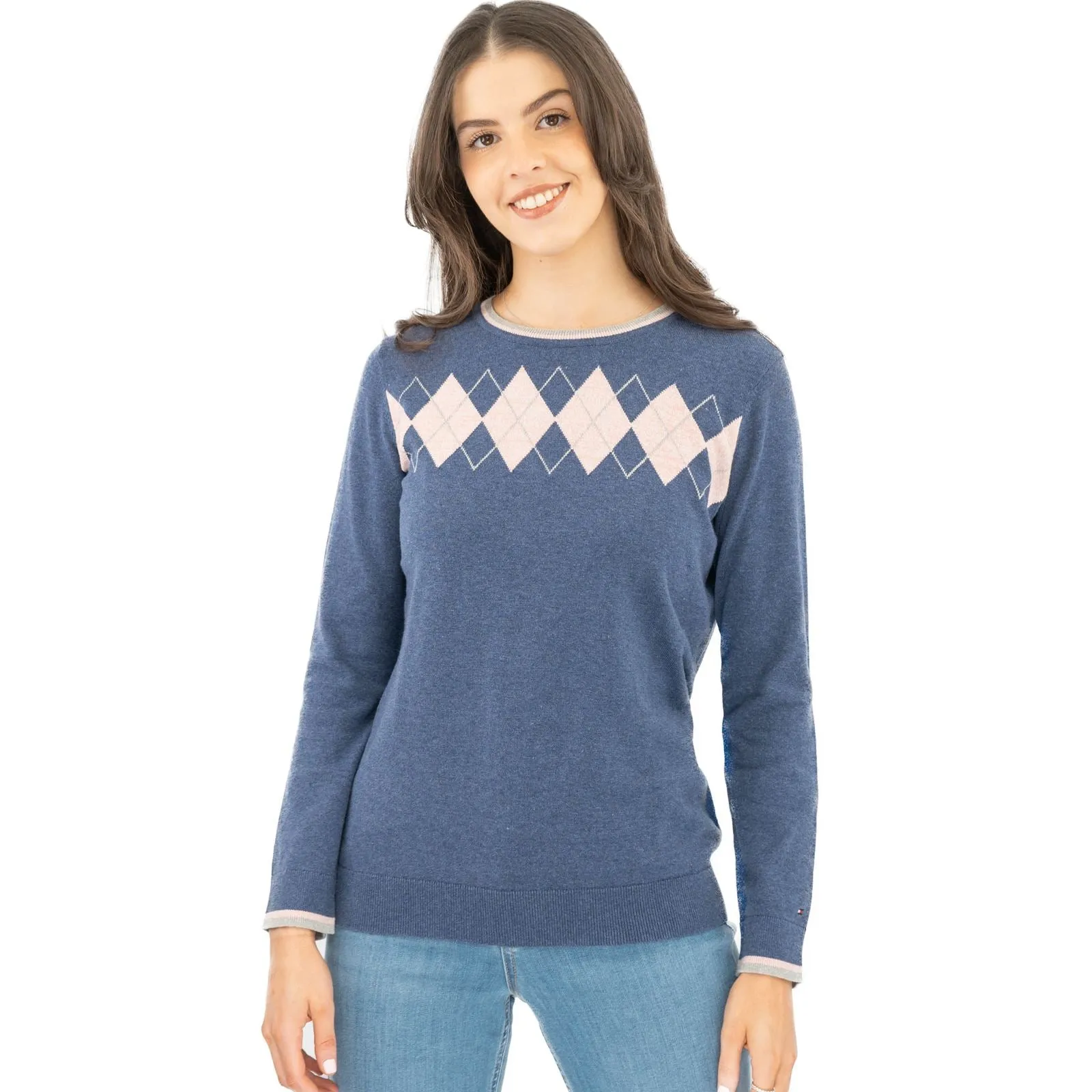 Lucy Argyle Blue Jumper Diamond Intarsia Long Sleeve Tops