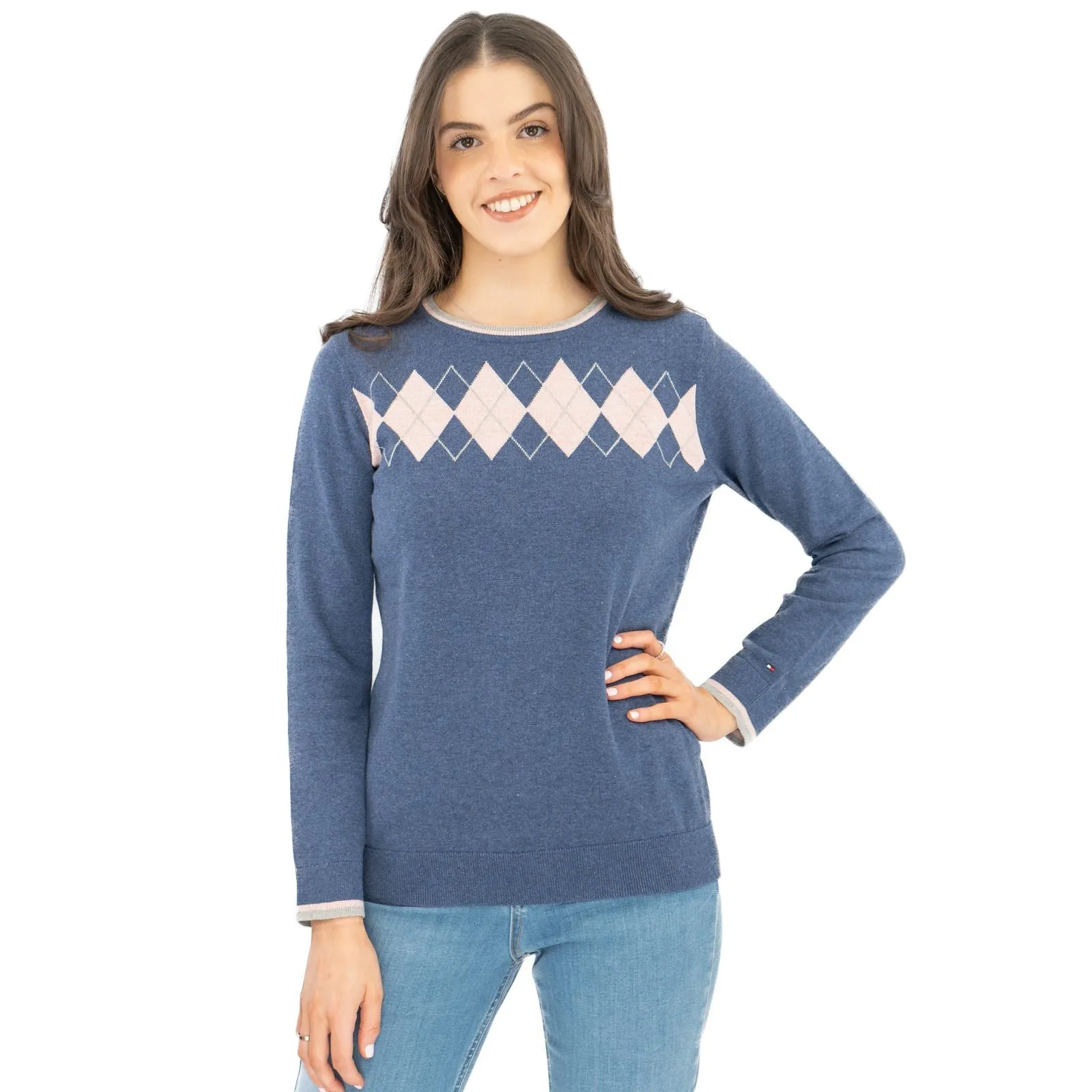 Lucy Argyle Blue Jumper Diamond Intarsia Long Sleeve Tops