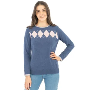 Lucy Argyle Blue Jumper Diamond Intarsia Long Sleeve Tops