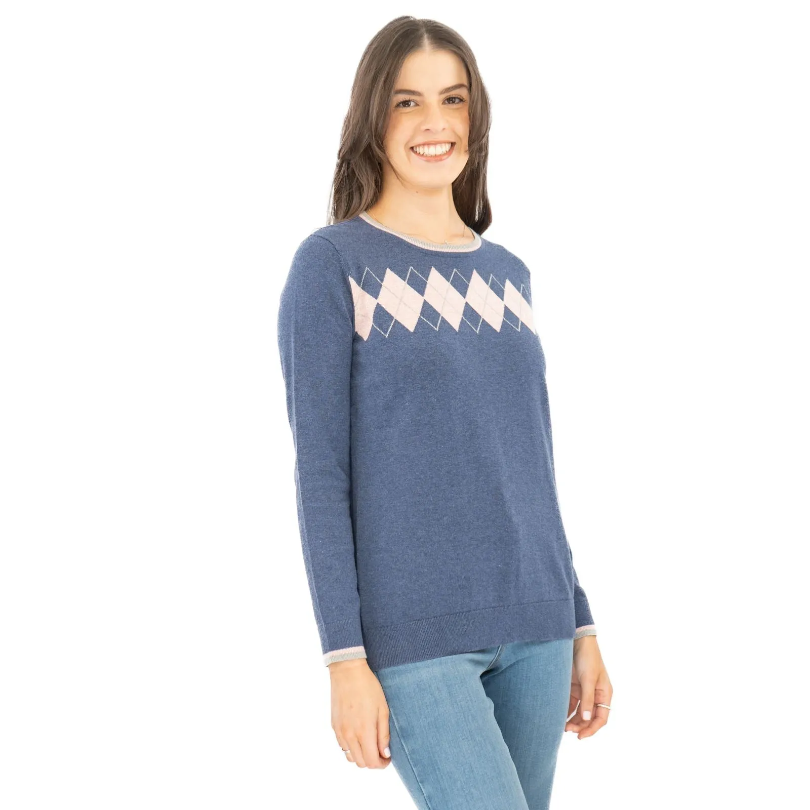 Lucy Argyle Blue Jumper Diamond Intarsia Long Sleeve Tops
