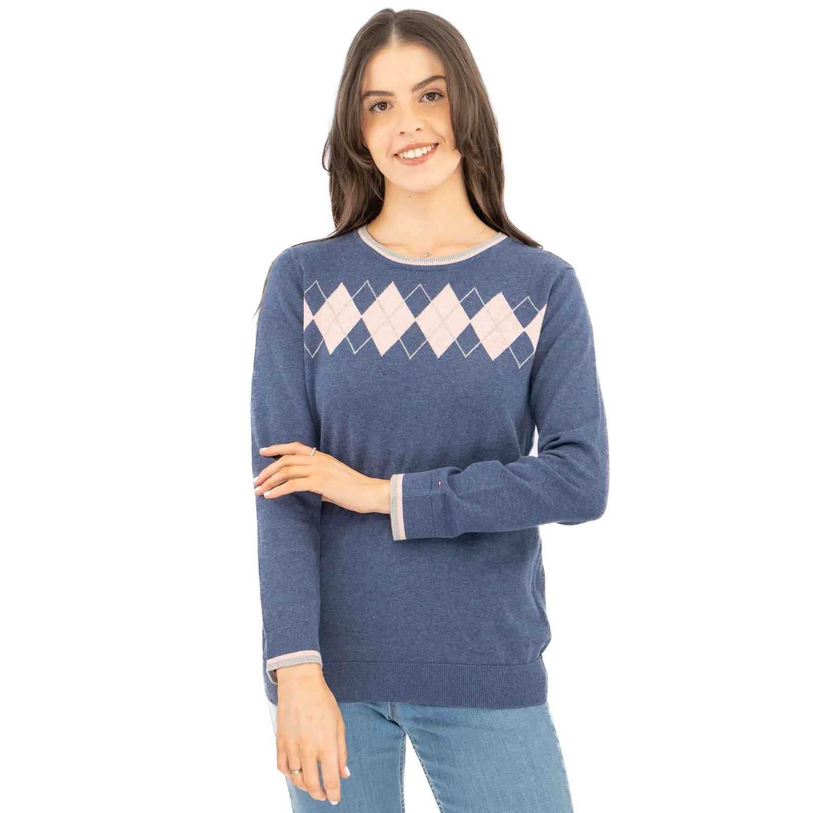 Lucy Argyle Blue Jumper Diamond Intarsia Long Sleeve Tops
