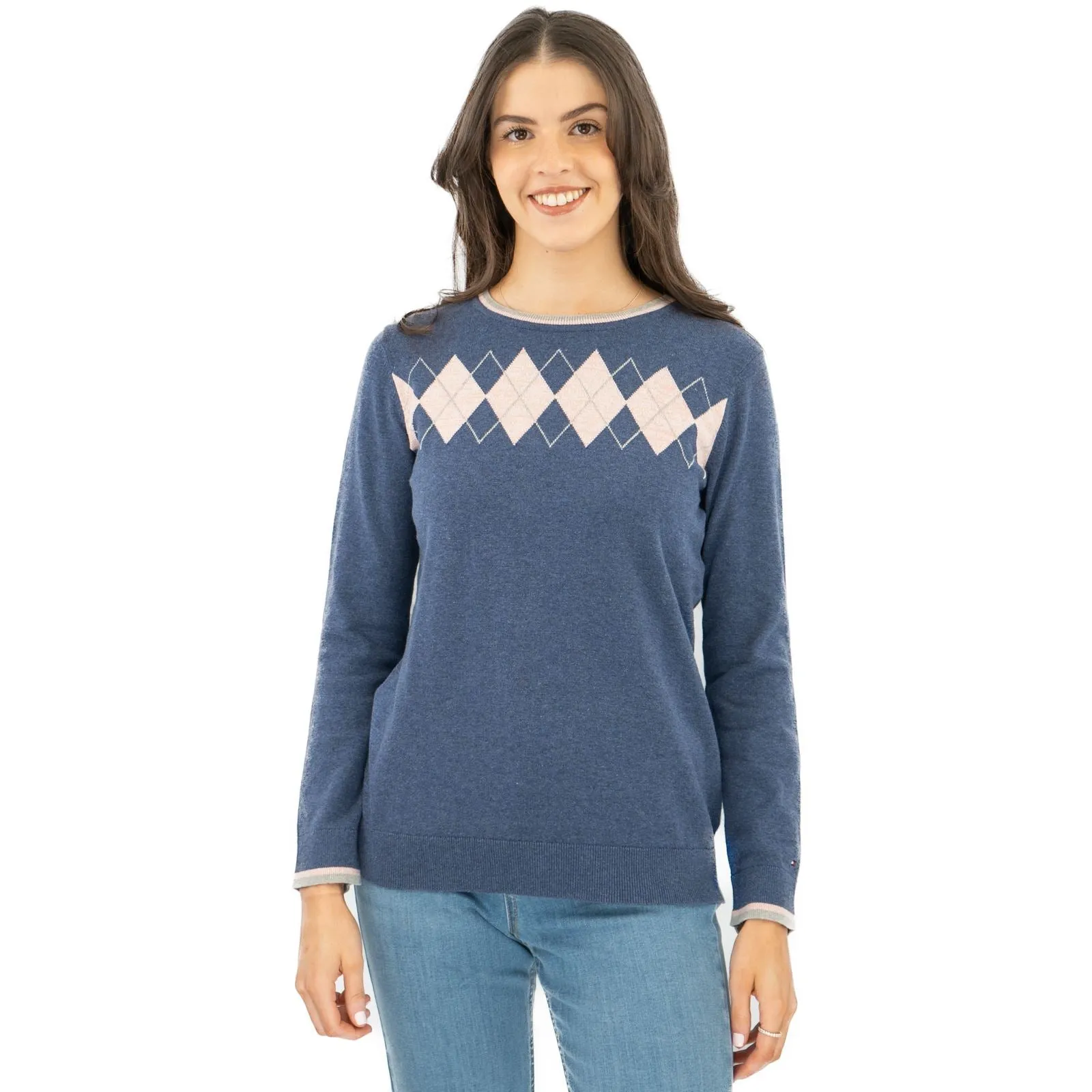 Lucy Argyle Blue Jumper Diamond Intarsia Long Sleeve Tops