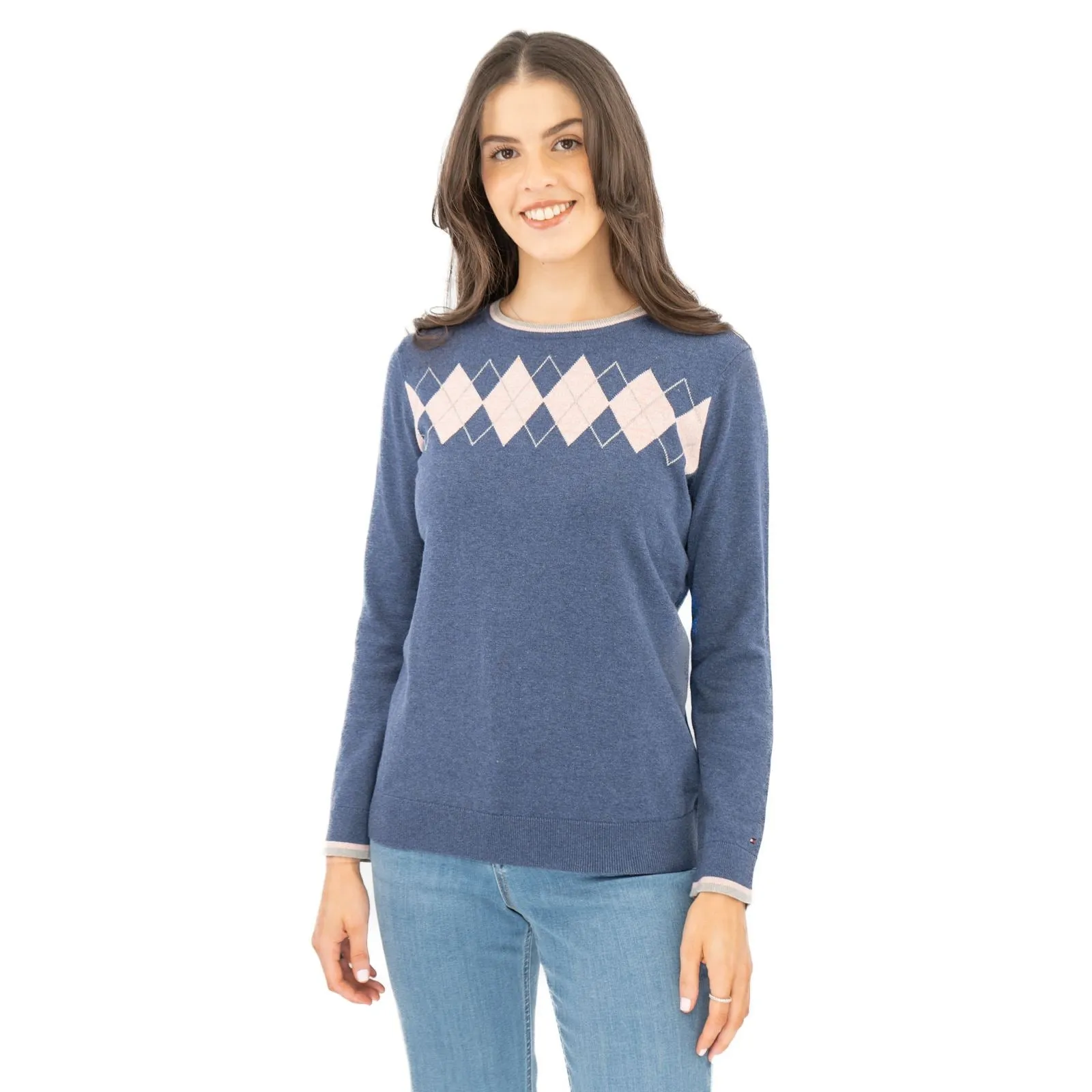 Lucy Argyle Blue Jumper Diamond Intarsia Long Sleeve Tops