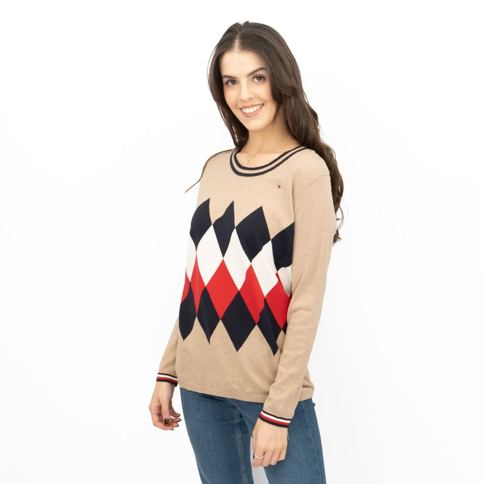 Lucy Argyle Jumper Beige Diamond Intarsia Long Sleeve Tops