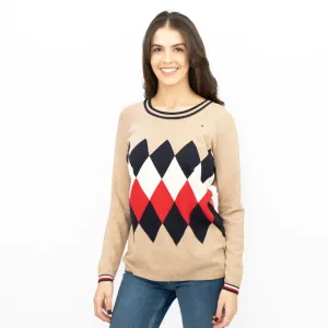 Lucy Argyle Jumper Beige Diamond Intarsia Long Sleeve Tops