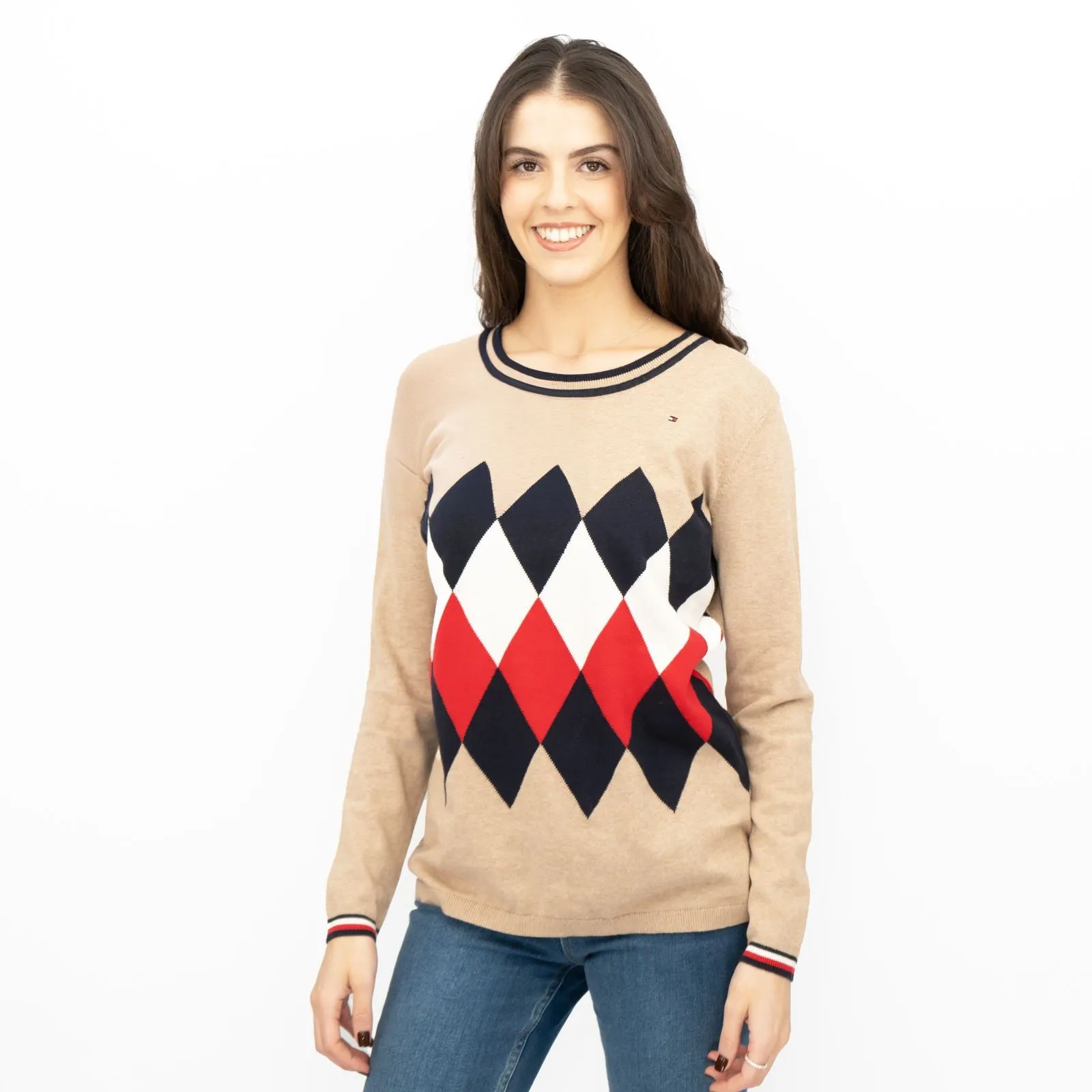 Lucy Argyle Jumper Beige Diamond Intarsia Long Sleeve Tops