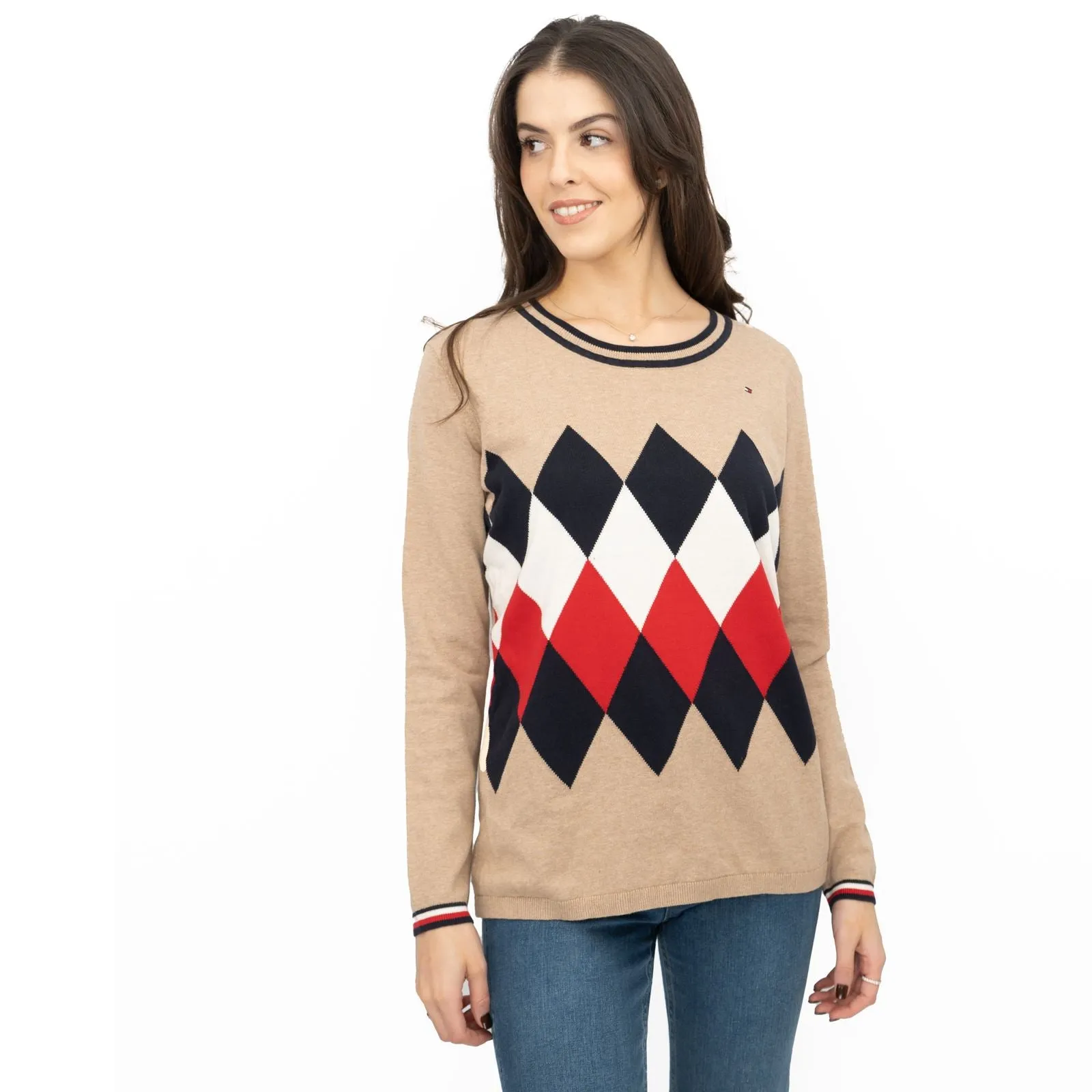 Lucy Argyle Jumper Beige Diamond Intarsia Long Sleeve Tops