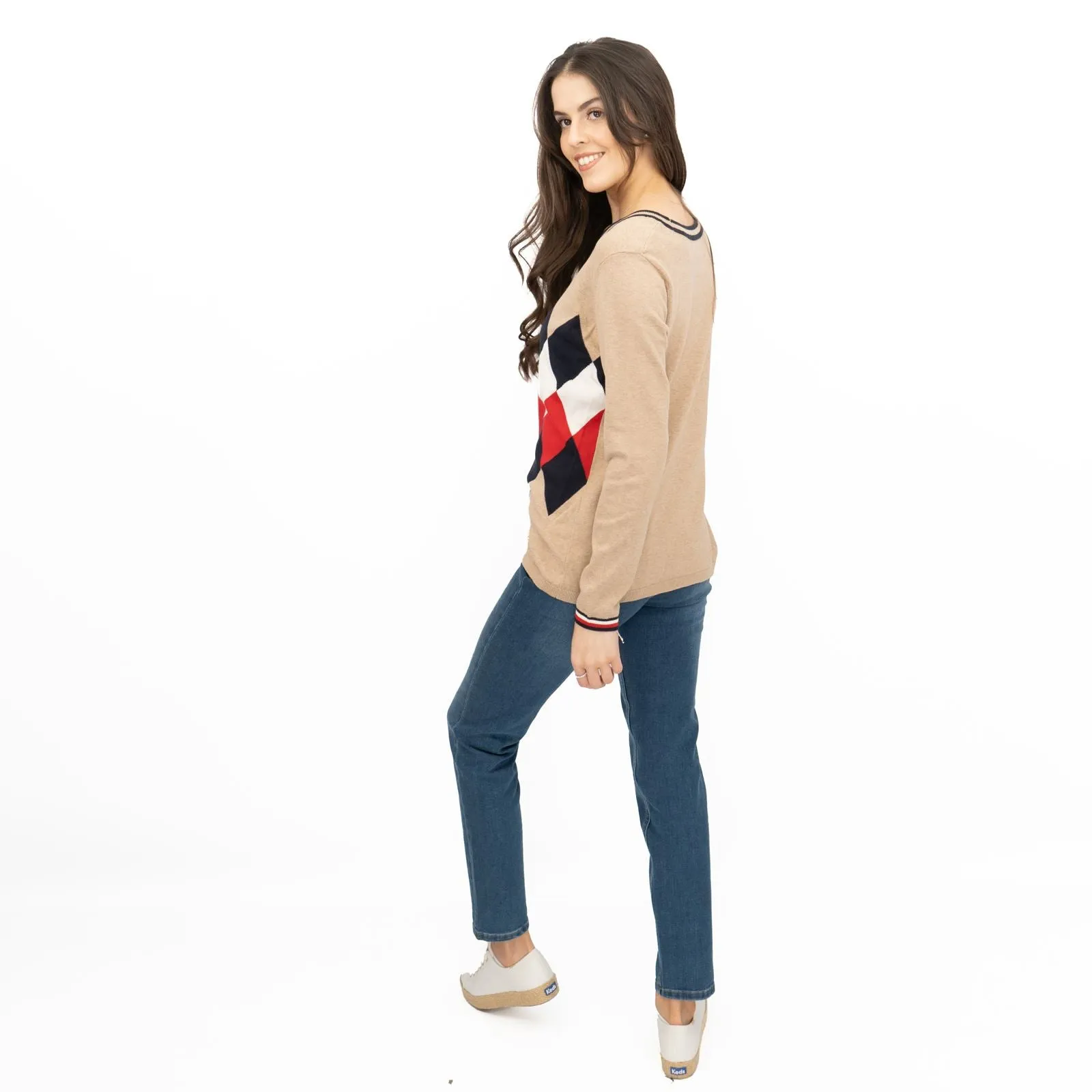 Lucy Argyle Jumper Beige Diamond Intarsia Long Sleeve Tops