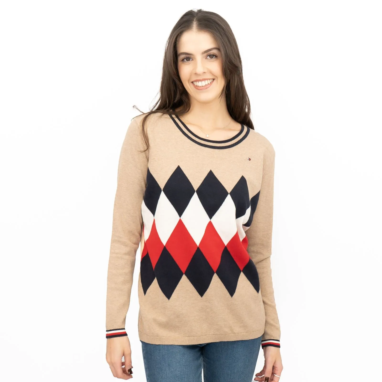 Lucy Argyle Jumper Beige Diamond Intarsia Long Sleeve Tops