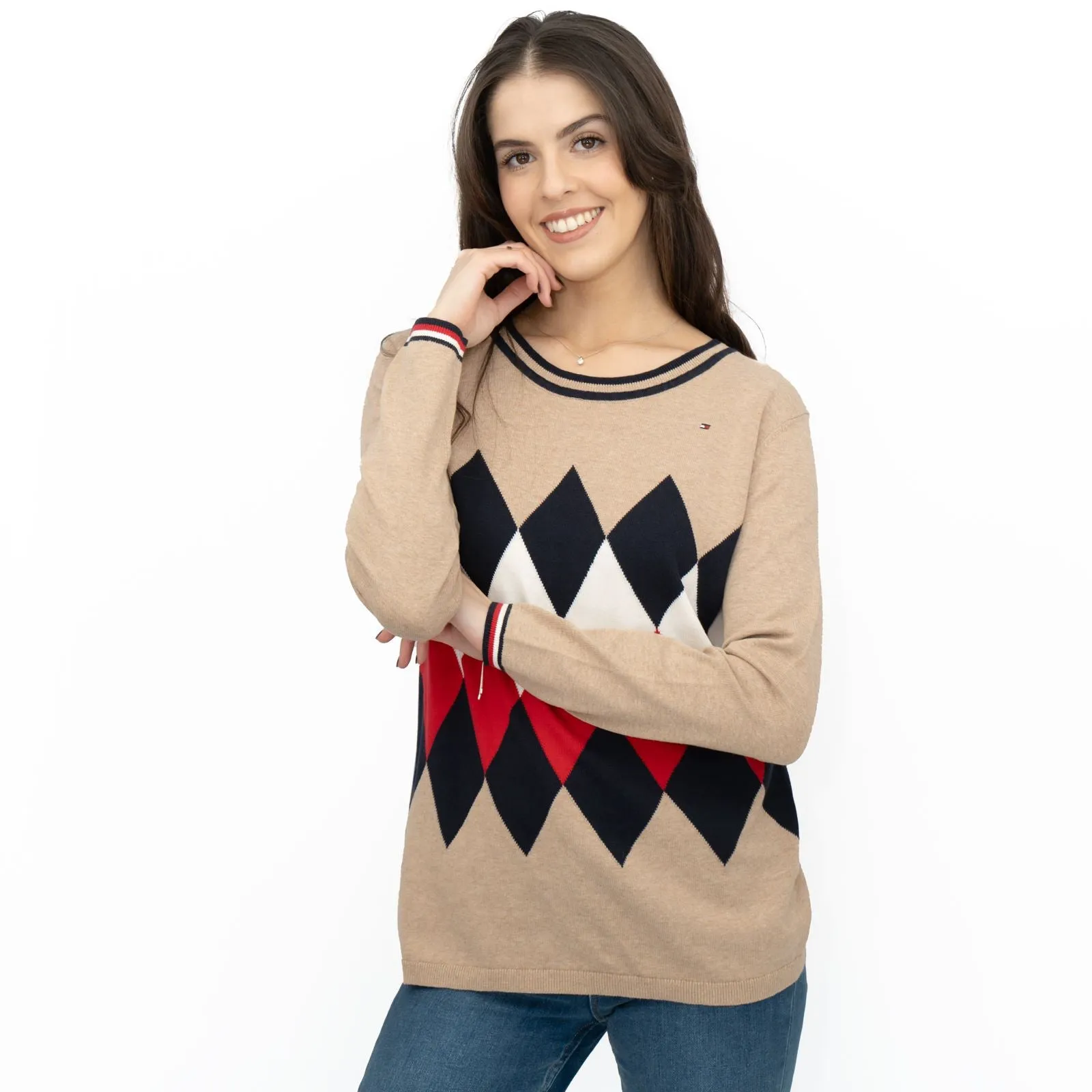 Lucy Argyle Jumper Beige Diamond Intarsia Long Sleeve Tops