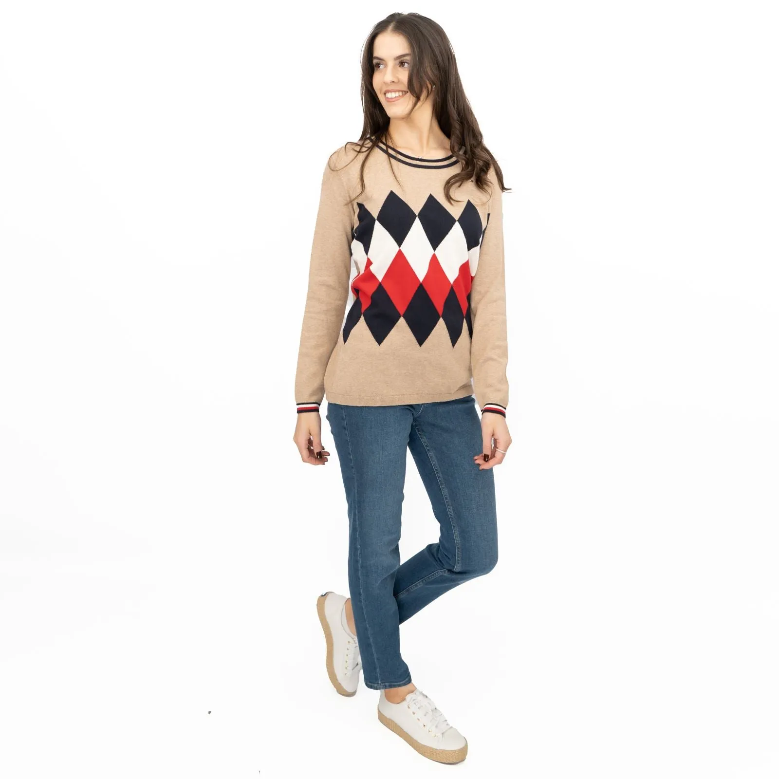 Lucy Argyle Jumper Beige Diamond Intarsia Long Sleeve Tops