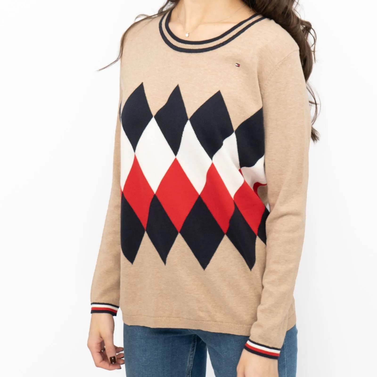 Lucy Argyle Jumper Beige Diamond Intarsia Long Sleeve Tops