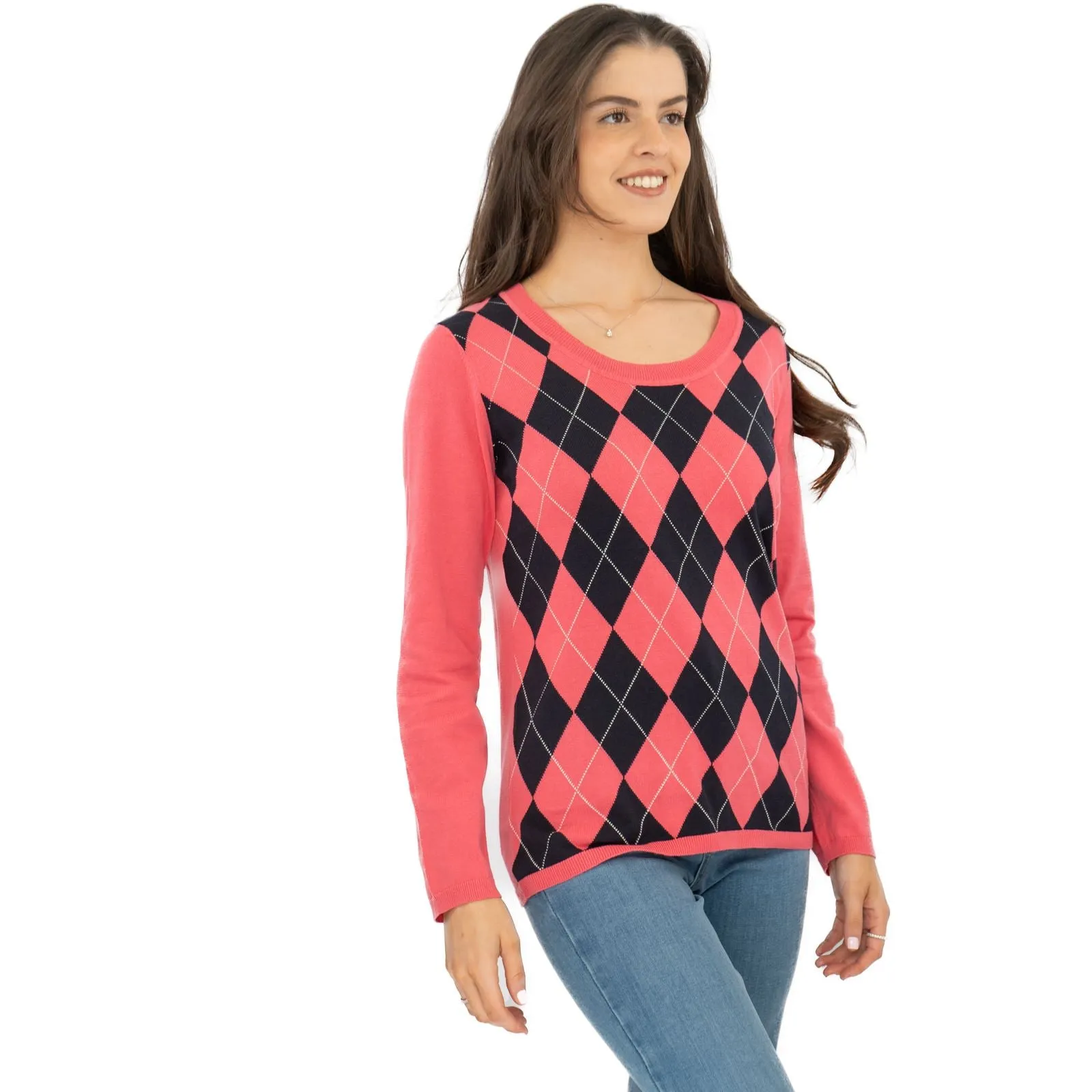 Lucy Argyle Jumper Pink Diamond Intarsia Long Sleeve Tops