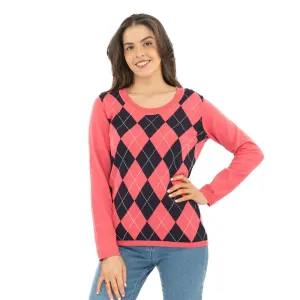 Lucy Argyle Jumper Pink Diamond Intarsia Long Sleeve Tops