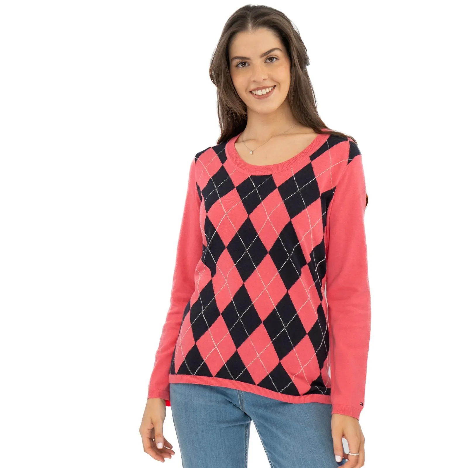 Lucy Argyle Jumper Pink Diamond Intarsia Long Sleeve Tops