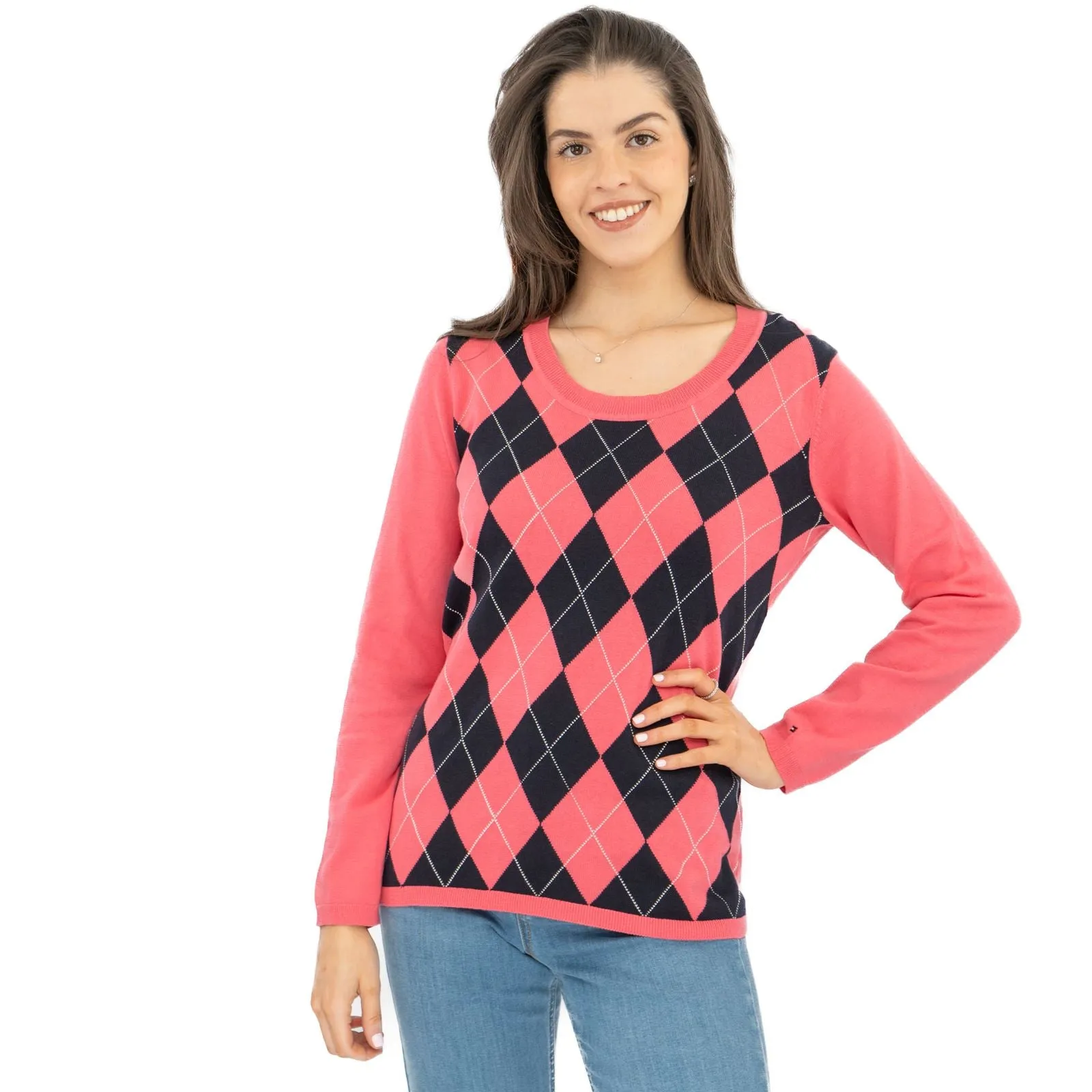 Lucy Argyle Jumper Pink Diamond Intarsia Long Sleeve Tops