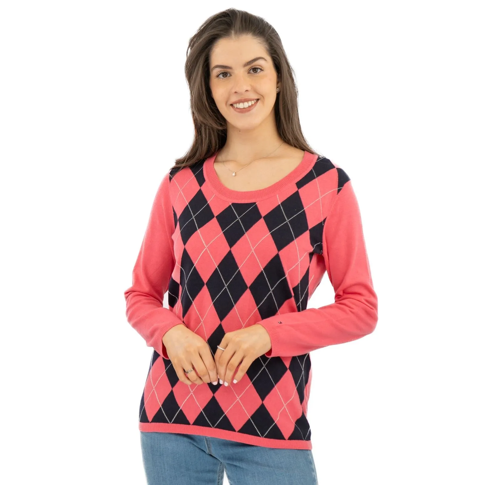Lucy Argyle Jumper Pink Diamond Intarsia Long Sleeve Tops