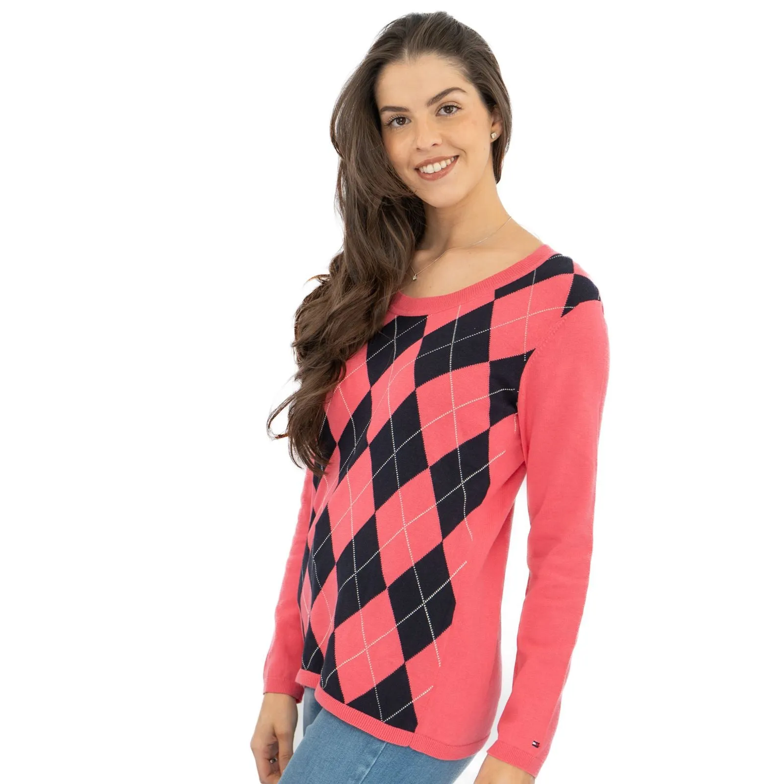 Lucy Argyle Jumper Pink Diamond Intarsia Long Sleeve Tops