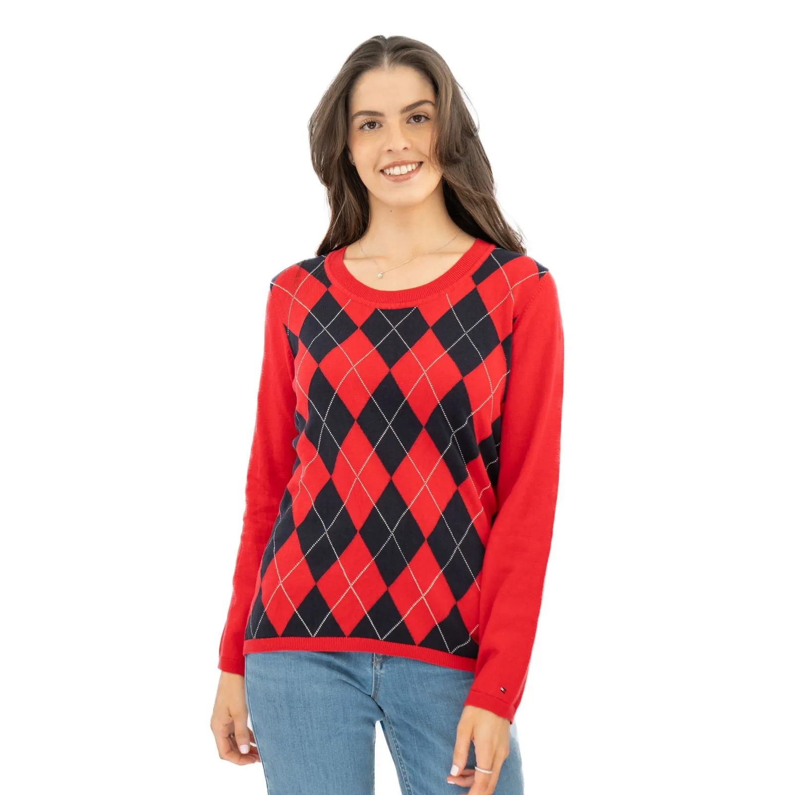 Lucy Argyle Jumper Red Diamond Intarsia Long Sleeve Tops