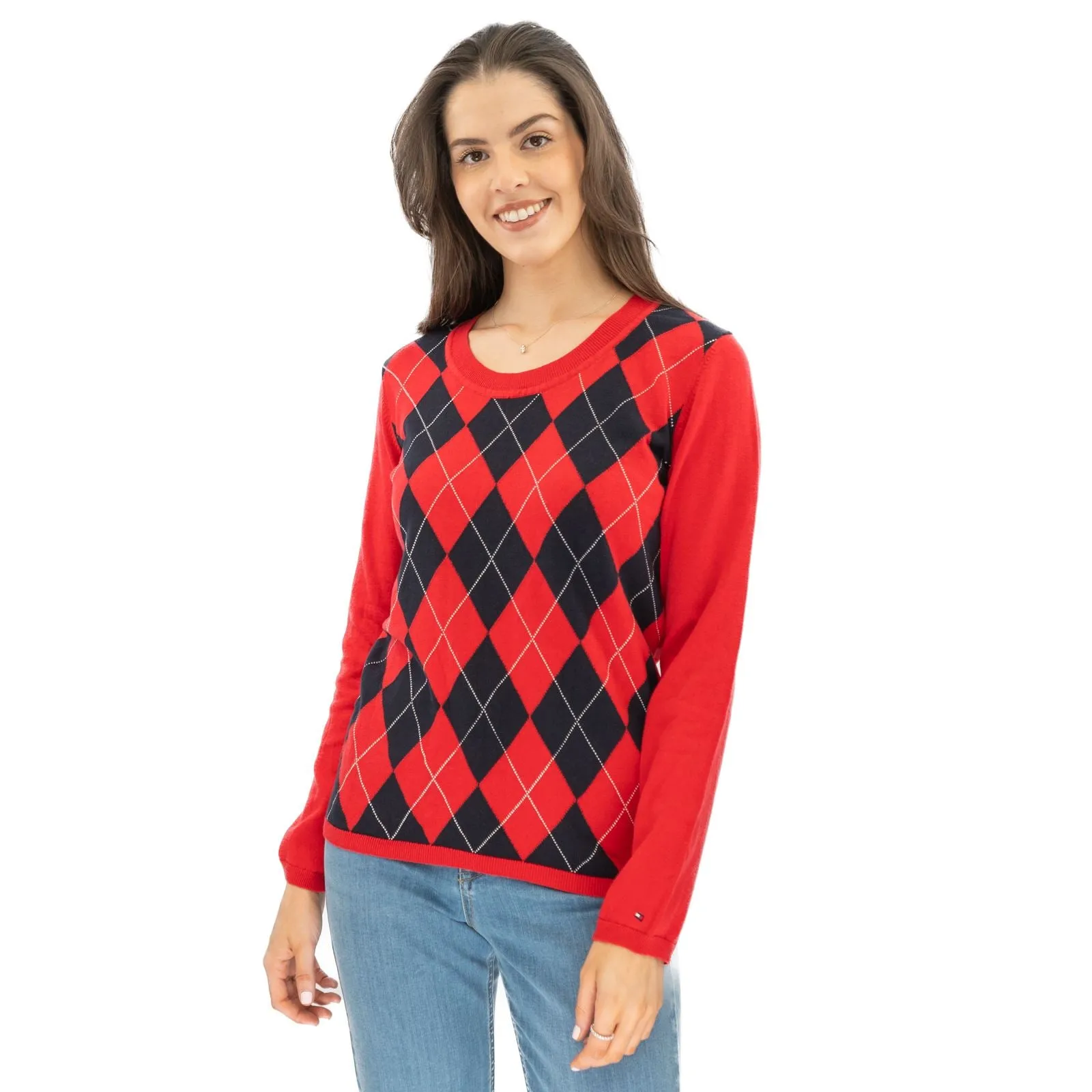 Lucy Argyle Jumper Red Diamond Intarsia Long Sleeve Tops