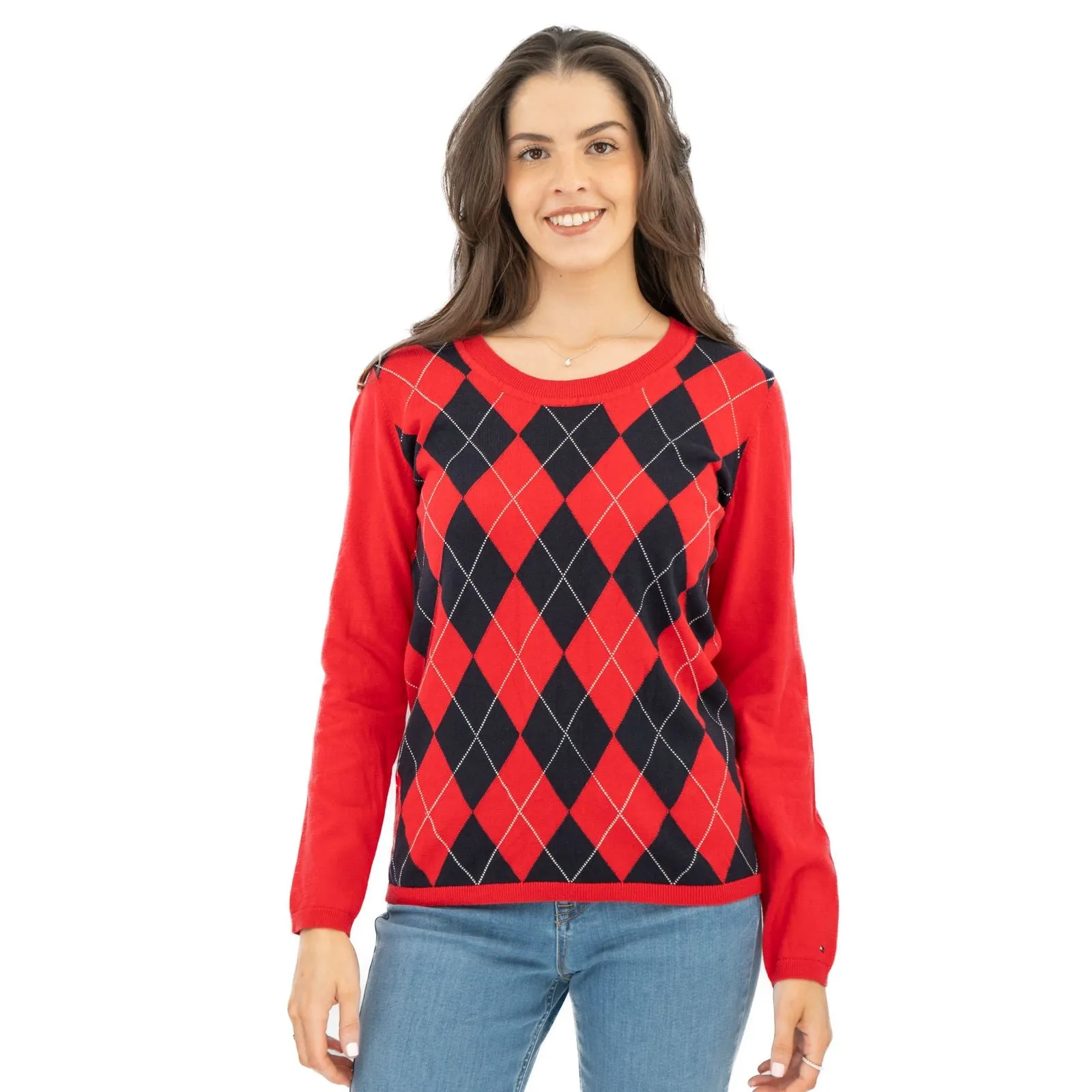 Lucy Argyle Jumper Red Diamond Intarsia Long Sleeve Tops