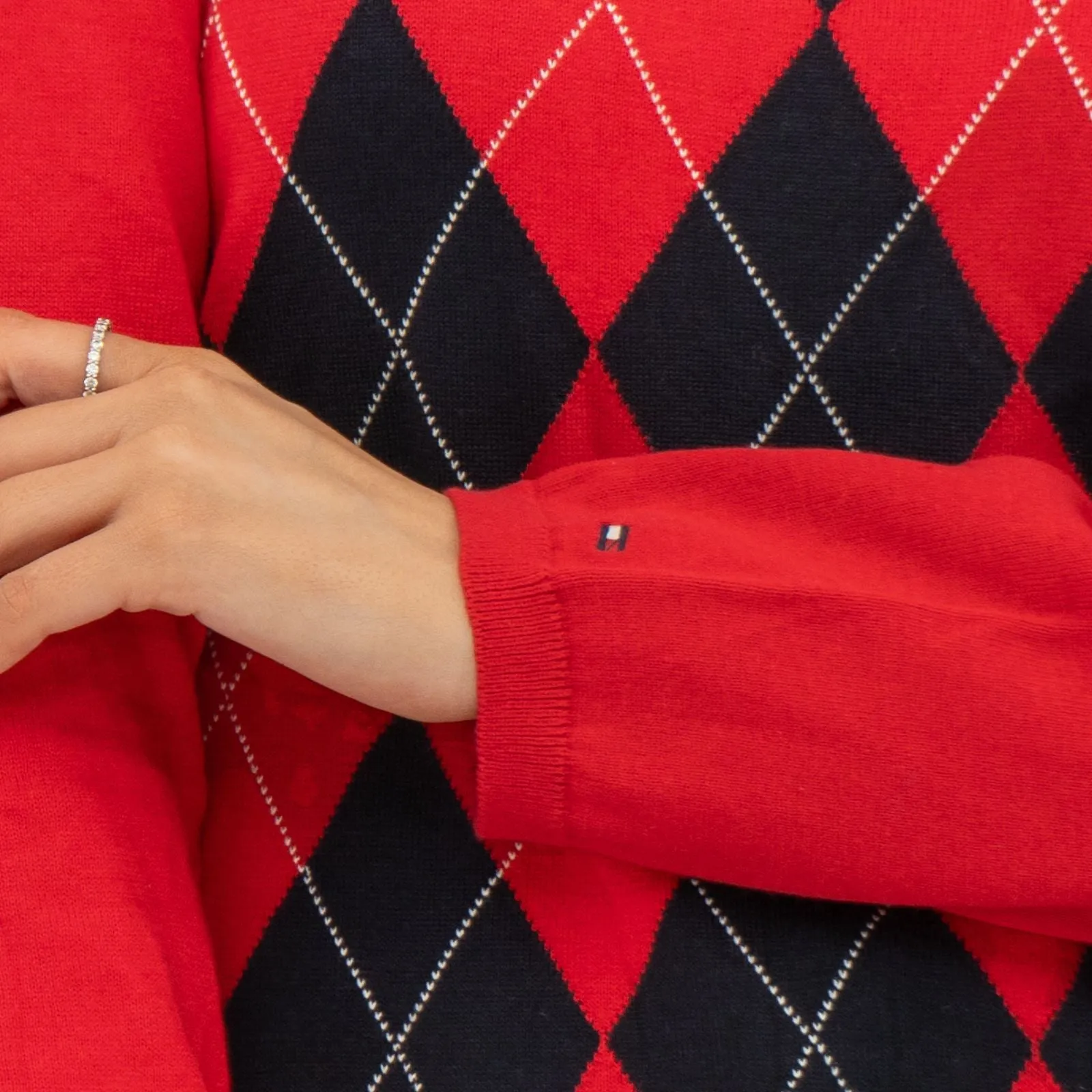 Lucy Argyle Jumper Red Diamond Intarsia Long Sleeve Tops