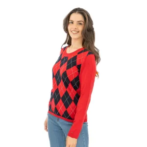 Lucy Argyle Jumper Red Diamond Intarsia Long Sleeve Tops
