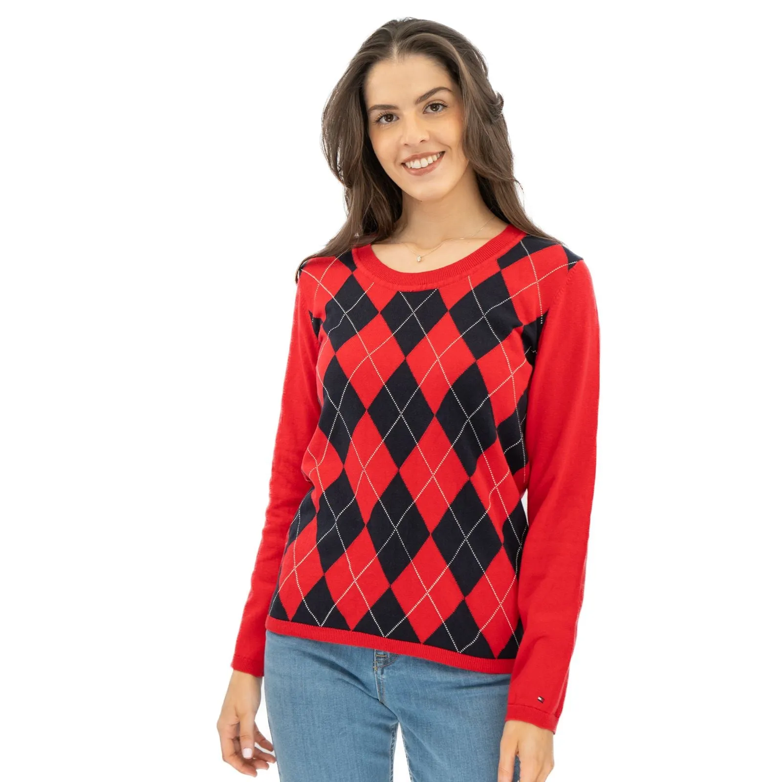 Lucy Argyle Jumper Red Diamond Intarsia Long Sleeve Tops