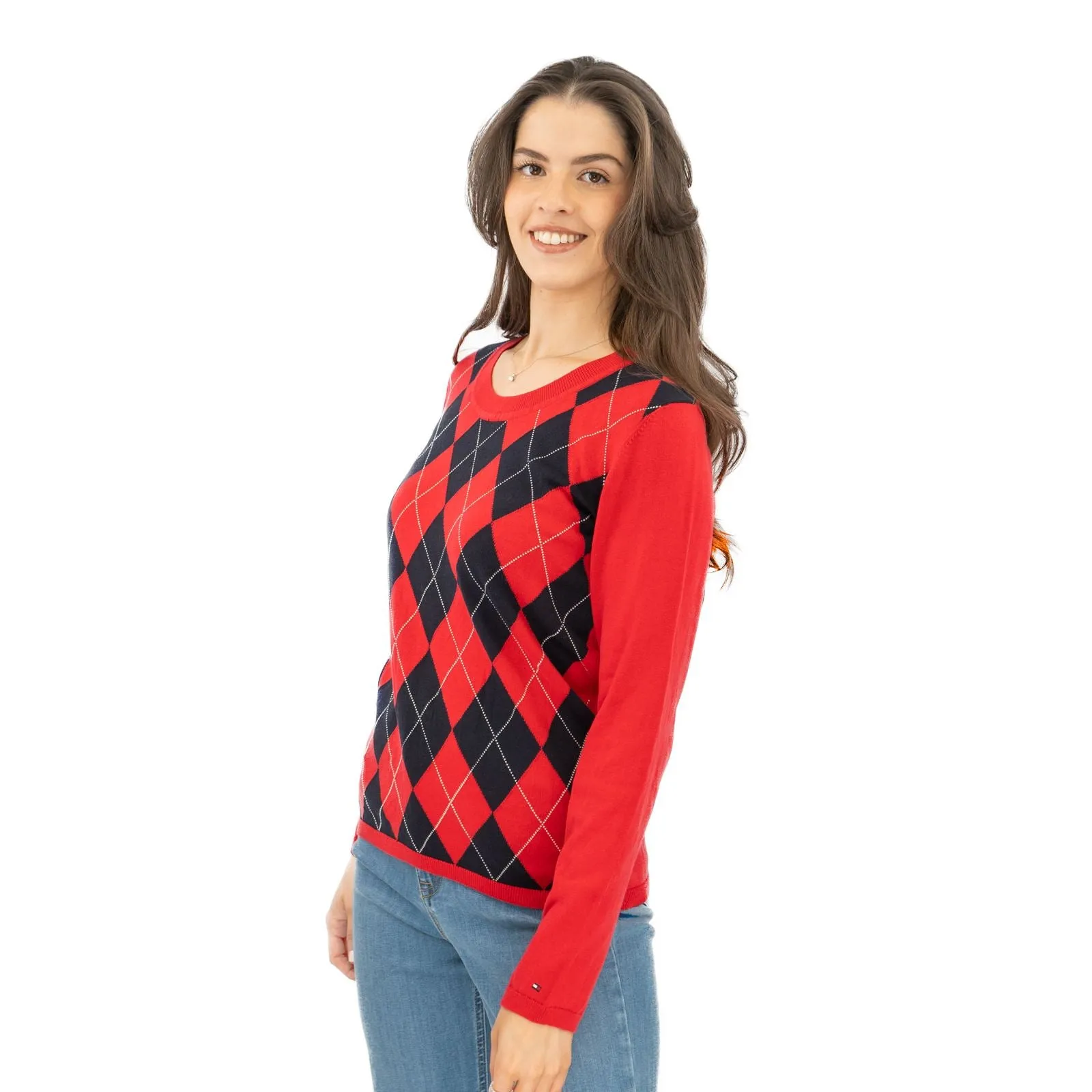 Lucy Argyle Jumper Red Diamond Intarsia Long Sleeve Tops