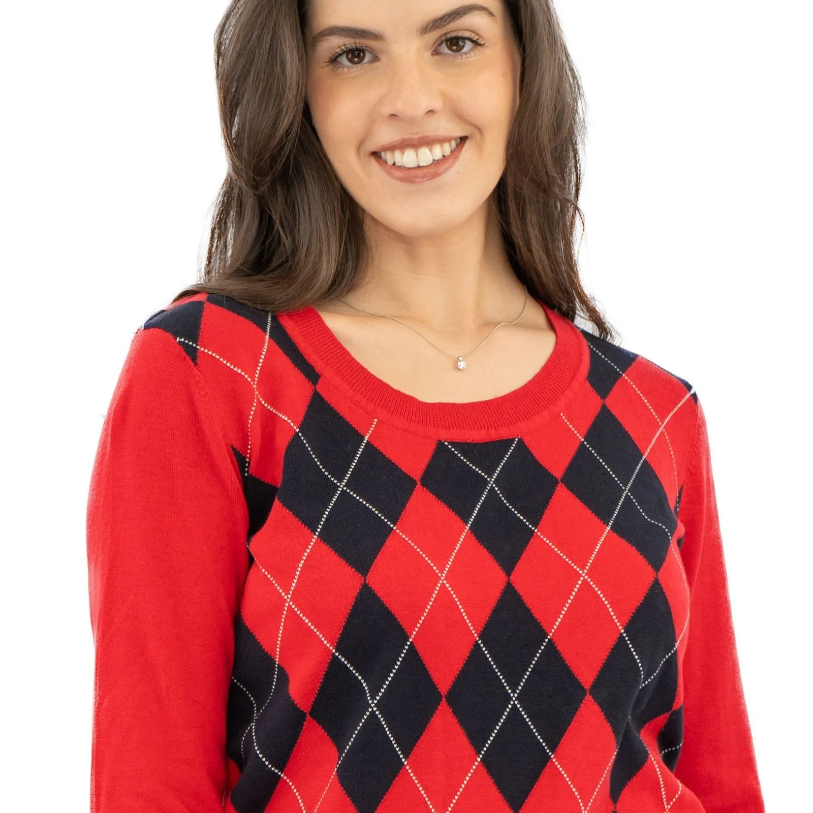Lucy Argyle Jumper Red Diamond Intarsia Long Sleeve Tops