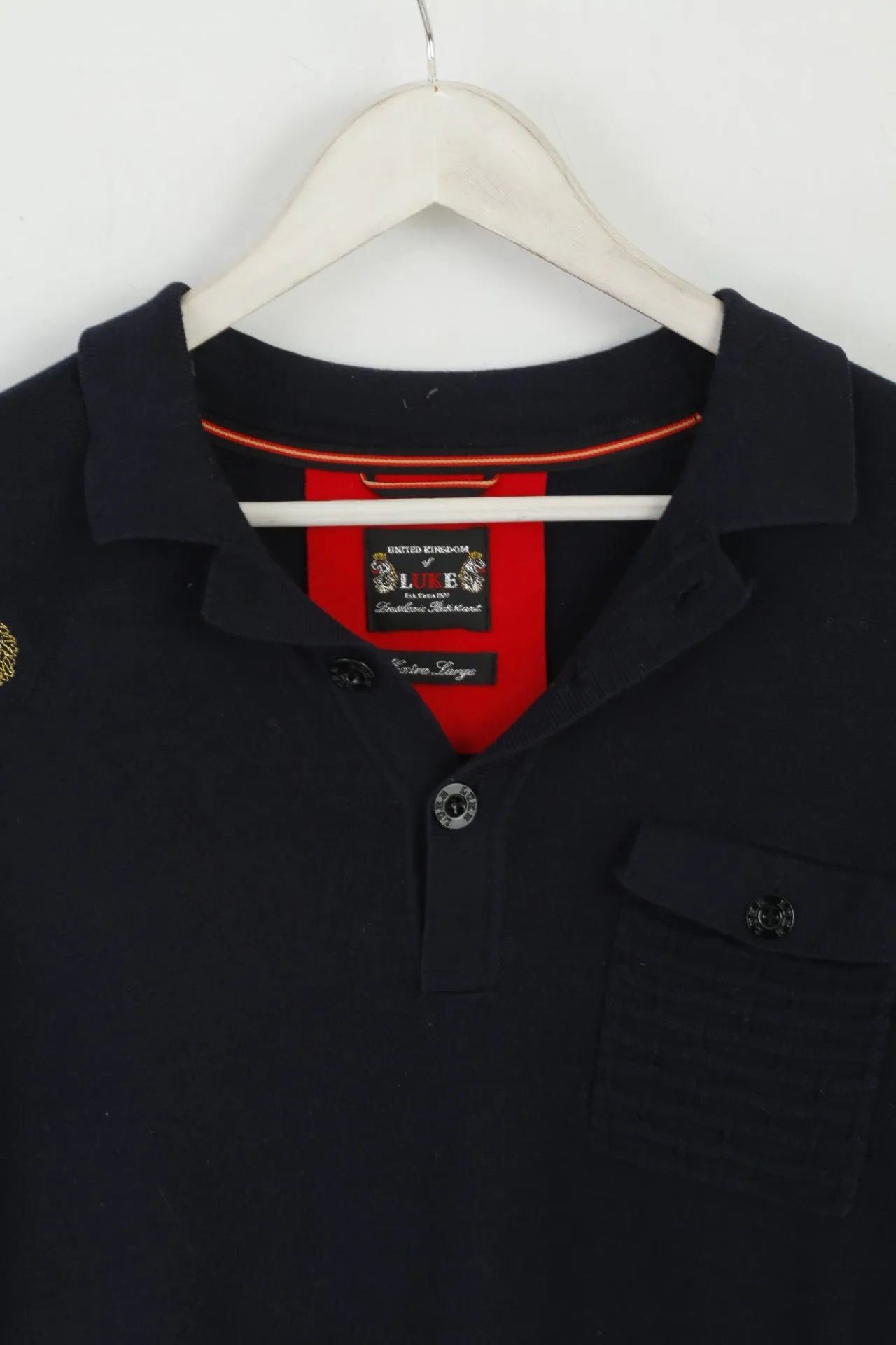 Luke 1977 Men XL Polo Shirt Navy Jumper Cotton Detailed Buttons Stretch Top