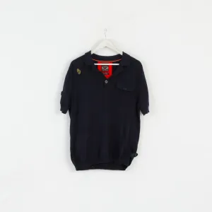 Luke 1977 Men XL Polo Shirt Navy Jumper Cotton Detailed Buttons Stretch Top