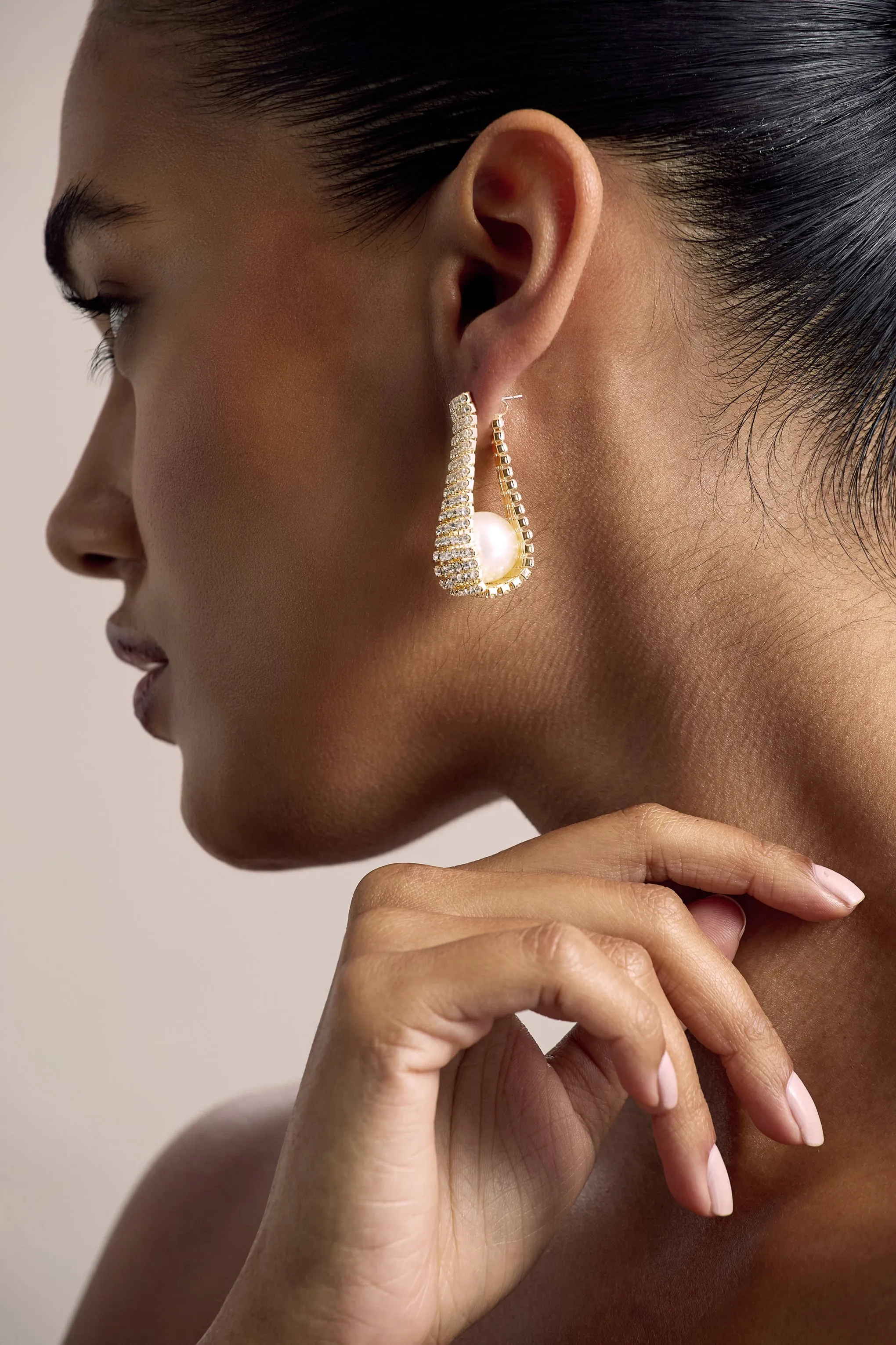 Lumen | Gold Diamante Pearl Statement Earrings Club L London